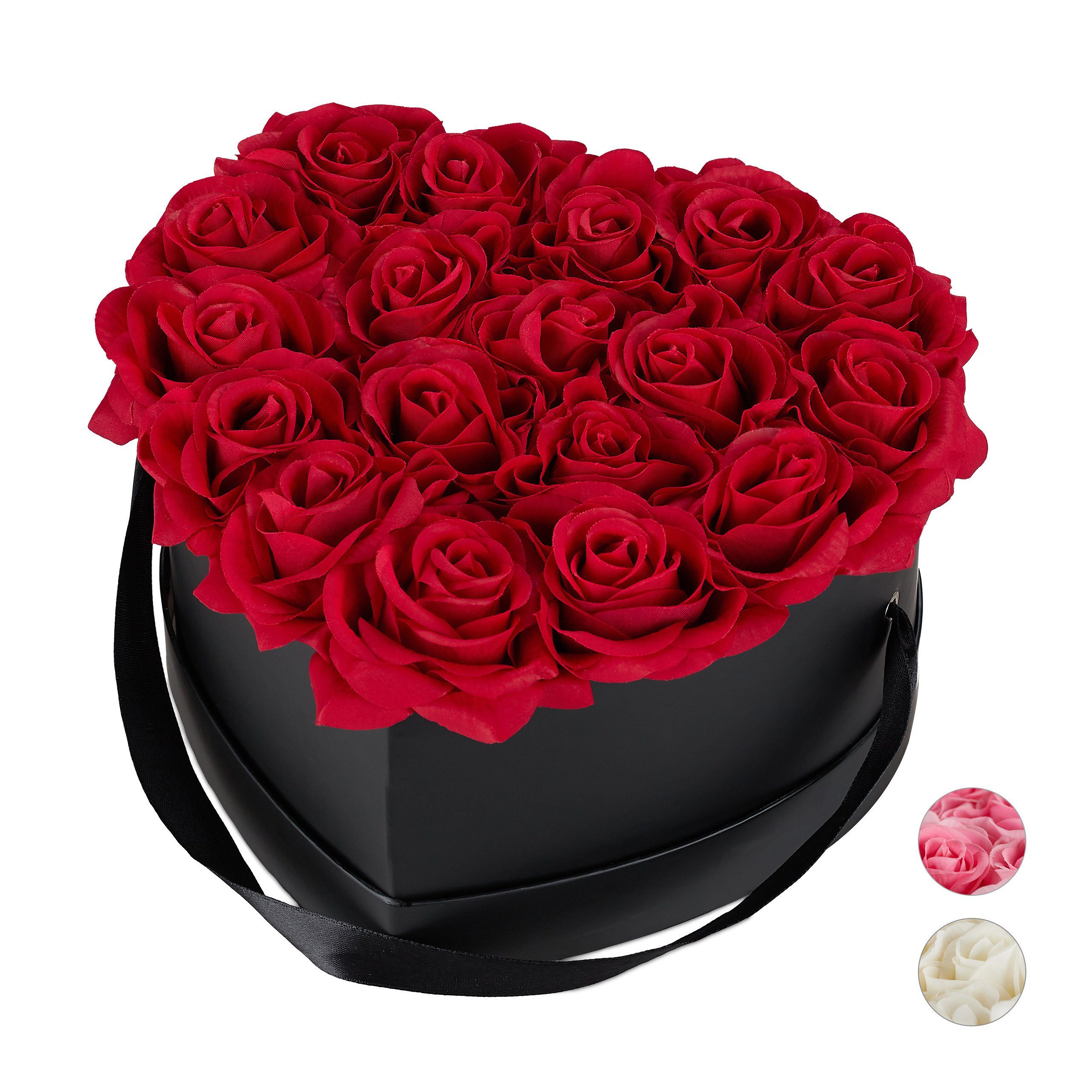 Gestecke Schwarze Rosenbox Herz 18 Rosen, relaxdays, Höhe 13 cm, Rot Rot Schwarz