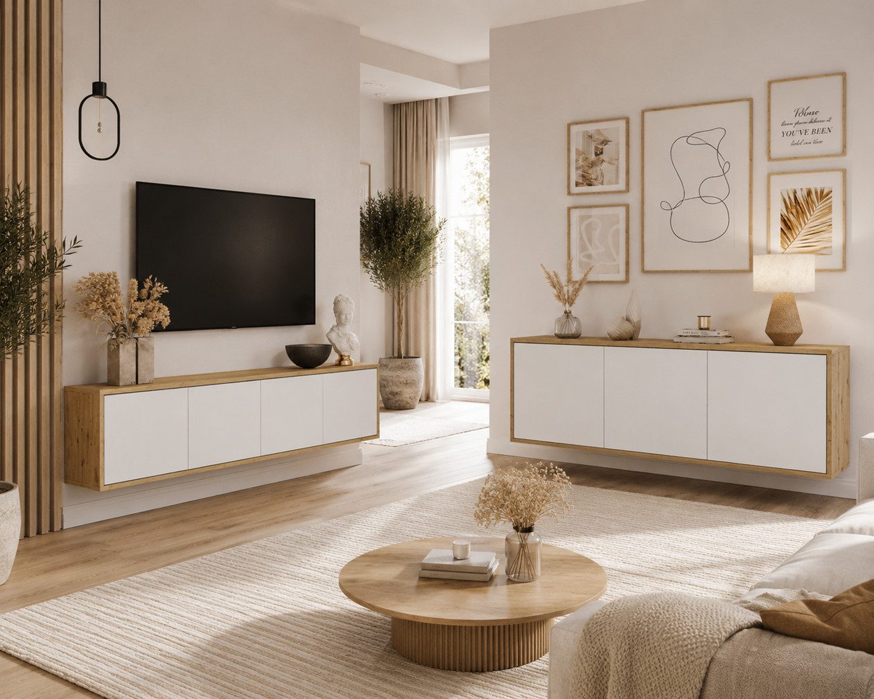 ALLHOUSE24 Wohnzimmer-Set MANDY - hängende Kommode, TV Schrank Artisan Eiche & Weiß matt, (2-St., Das Set besteht aus: Kommode, TV Schrank), Breite: Kommode: 154 cm, TV-Schrank: 156 cm