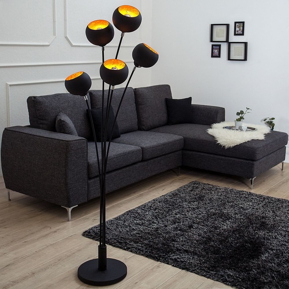 cagü Stehlampe Design 5er Stehlampe SPOT Schwarz-Gold aus Aluminium & Blattgold 170cm, Ein-/Ausschalter, ohne Leuchtmittel, E14