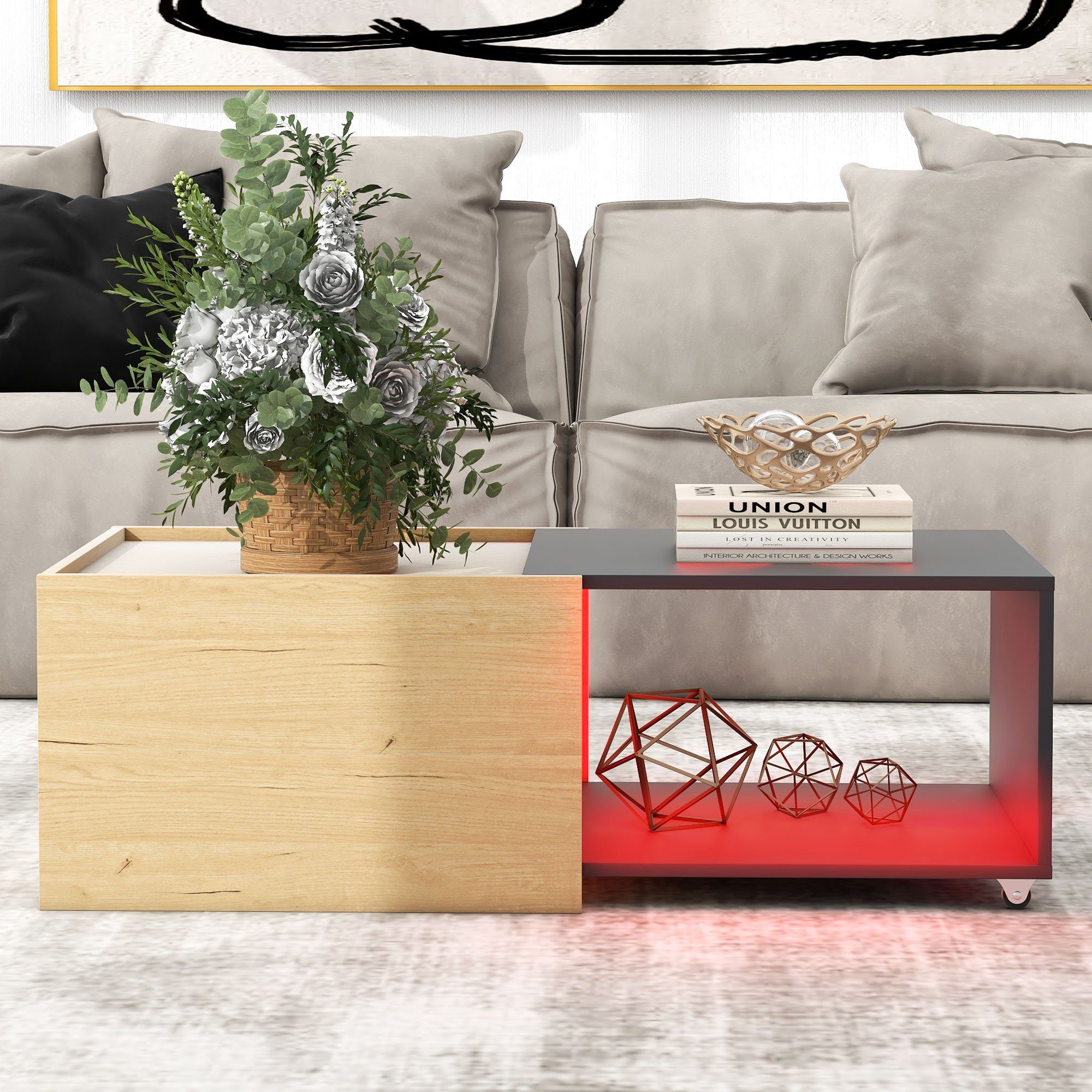 OKWISH Couchtisch Wohnzimmertisch mit ausziehbarem (Ausziehbares und Tischplatte Flexibilität Design), Spleißdesign Mobilität Zweifarbiges
