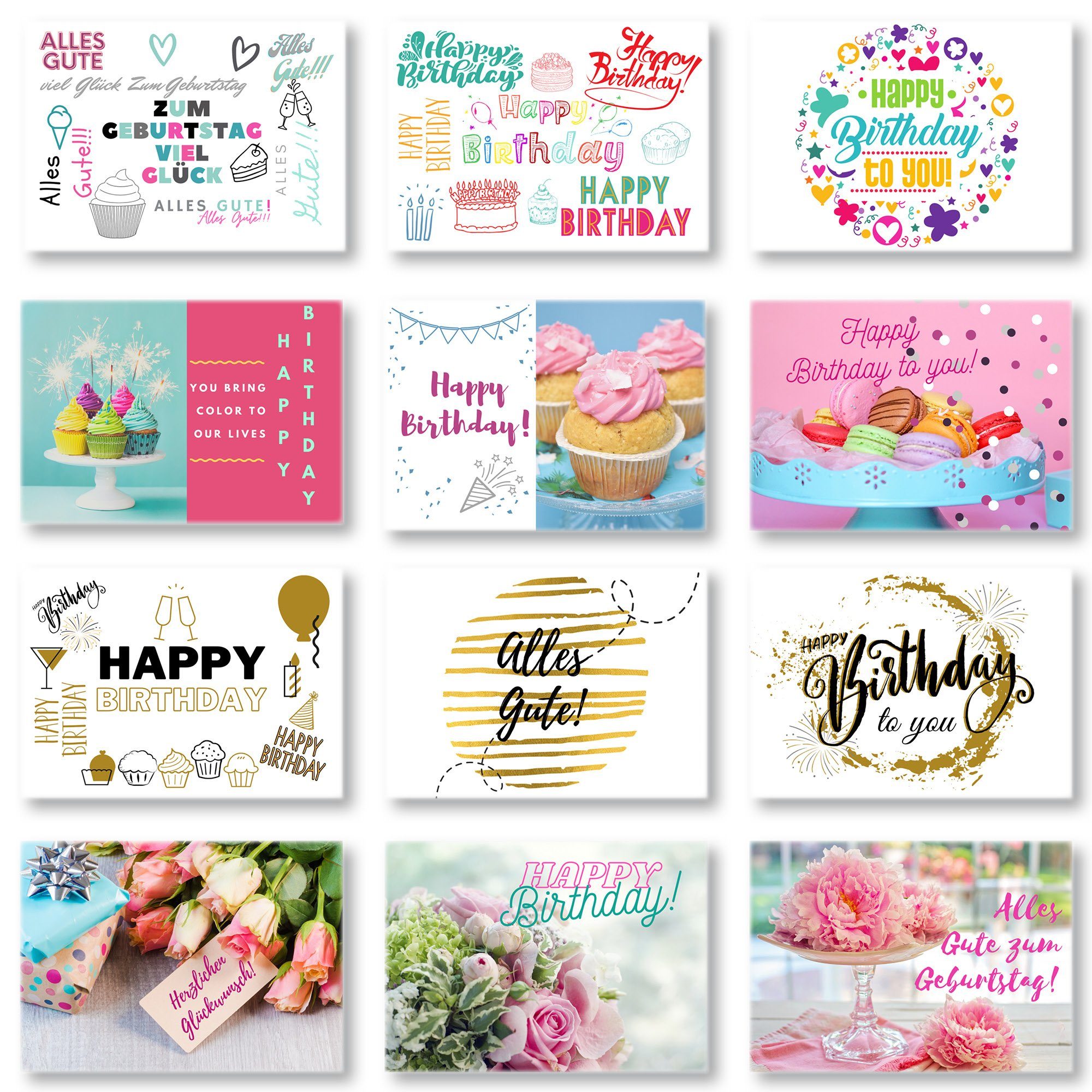 Domelo Geburtstagskarte Geburtstagskarten 12er Postkarten, Kraftpapier Happy Birthday Set Geburtstag Umschlag, mit Grußkarten 12er zum Set, Karten