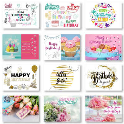 Domelo Geburtstagskarte Geburtstagskarten 12er Set mit Umschlag, Happy Birthday Postkarten, Grußkarten 12er Set, Kraftpapier Karten zum Geburtstag