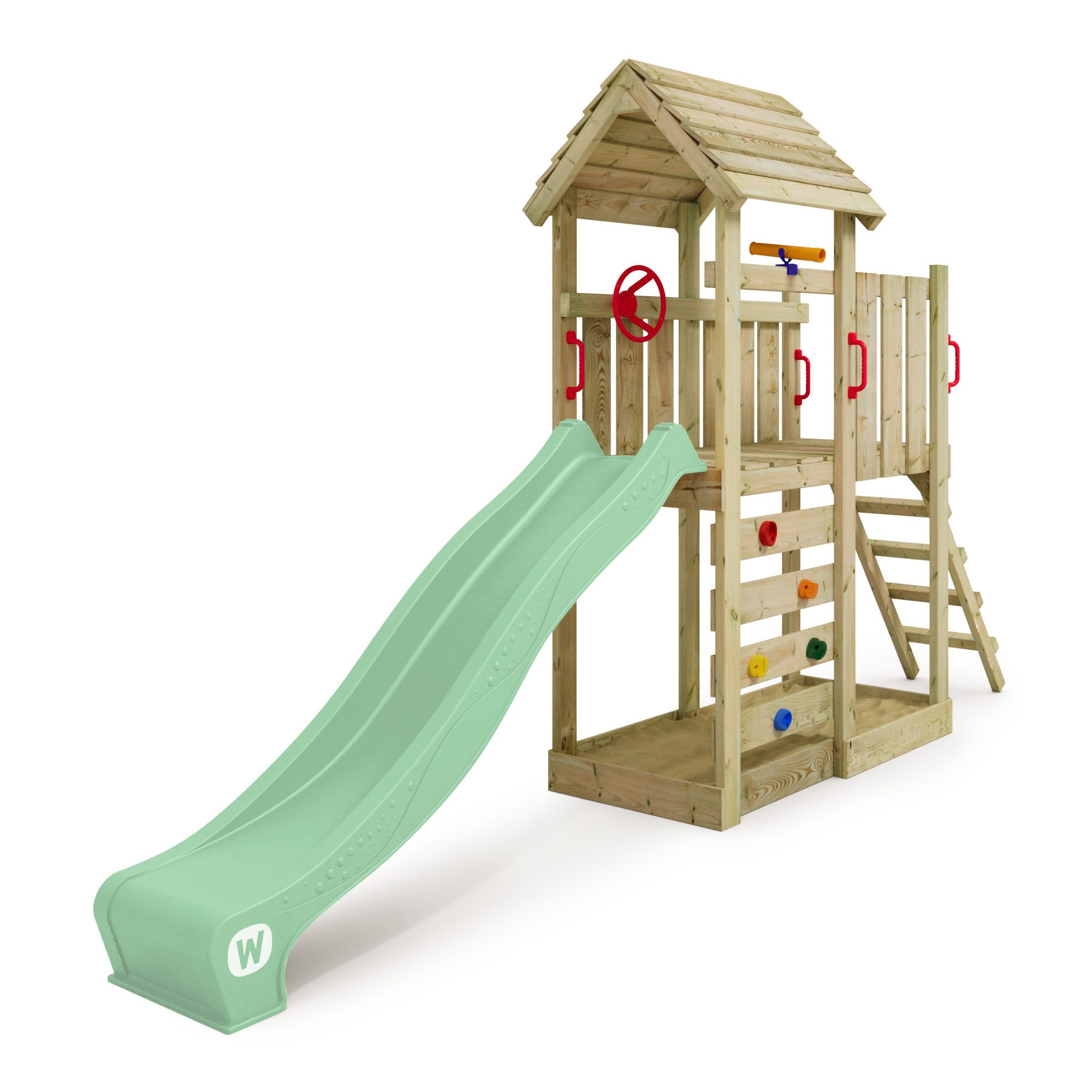 Wickey Spielturm JoyFlyer – Garten-Klettergerüst mit Wellenrutsche & Sandkasten, 10-Jahre Garantie*, Kletterwand mit Klettersteinen