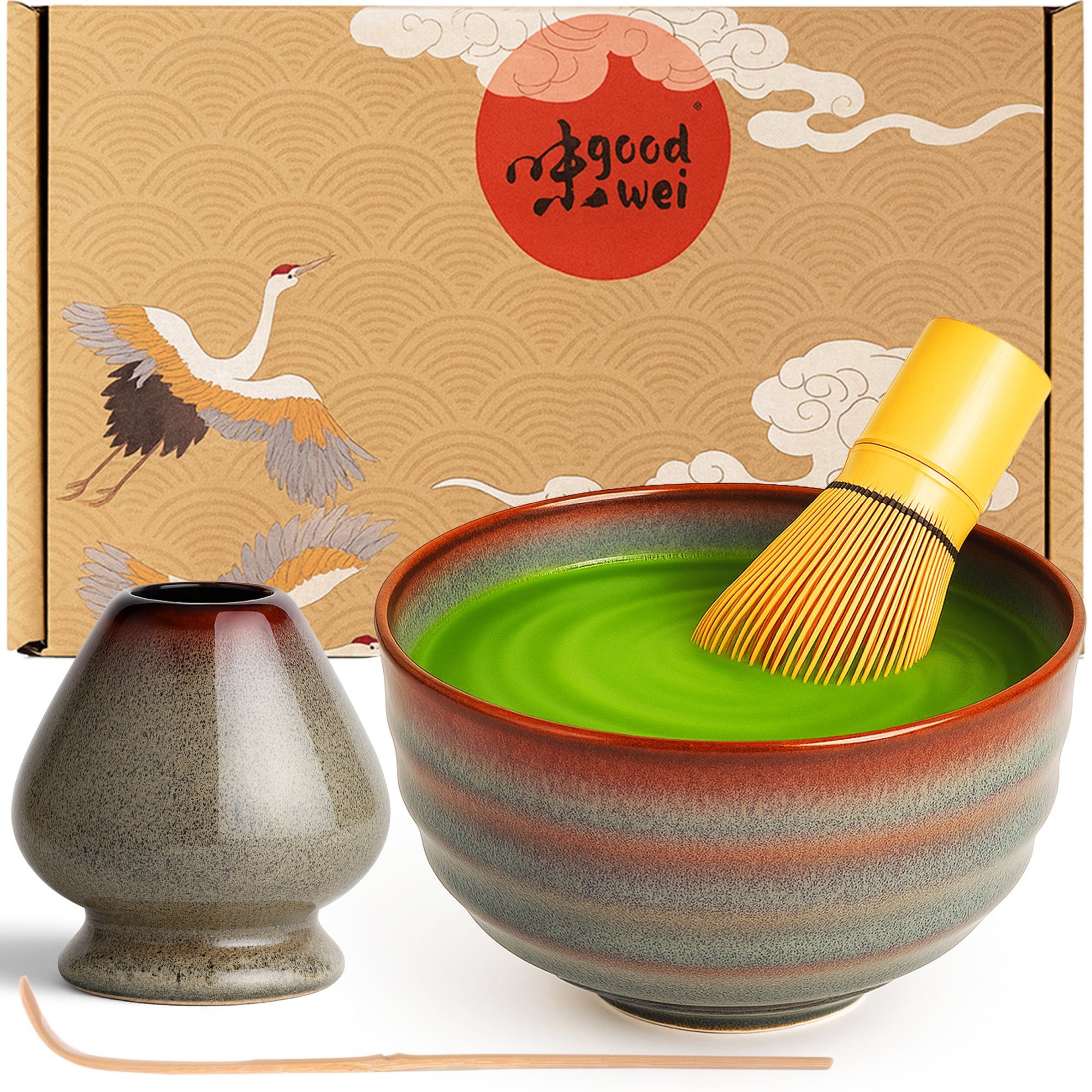 Goodwei Teeschale Matcha Teezeremonie Set "Uji" mit Teeschale und Chasentate, 4-tlg., Keramik