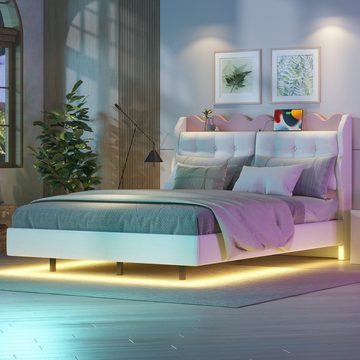 MODFU Polsterbett mit Nachtkästchen, mit Lichtleiste, Doppelbett mit USB-Ladeanschluss (140 x 200cm), ohne Matratze