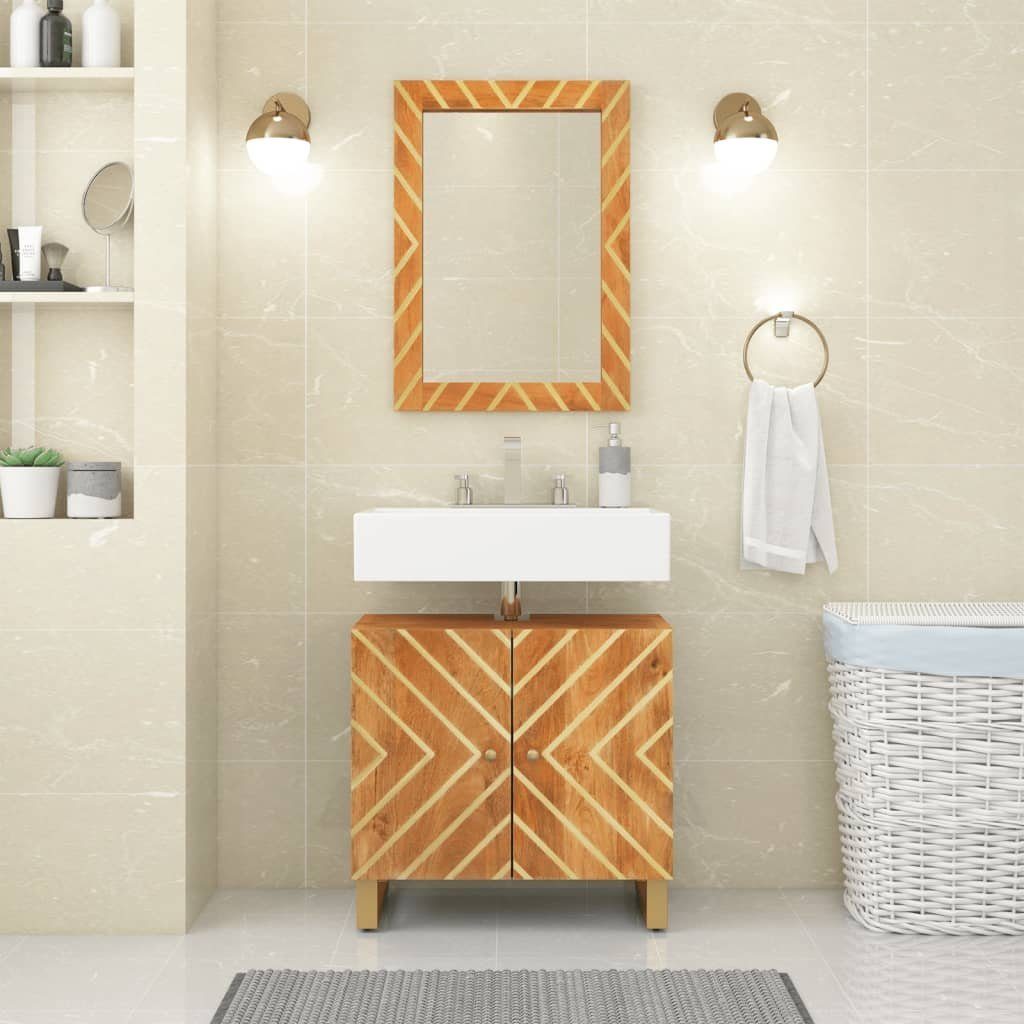 vidaXL Badezimmerspiegelschrank Massivholz und Waschbeckenunterschrank Schwarz Braun Mango