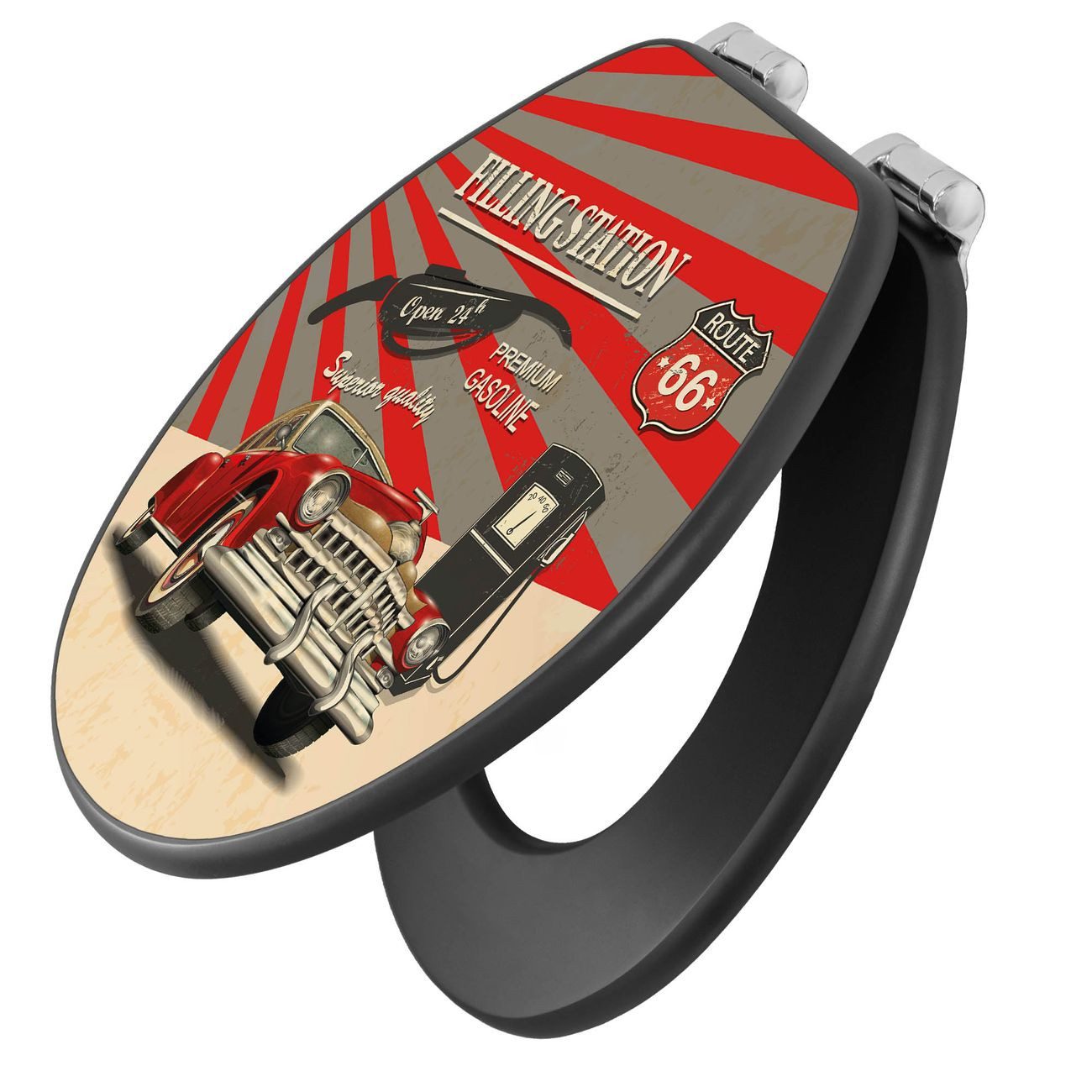 banjado WC-Sitz Anthrazit mit Absenkautomatik Motiv Filling Station (umweltfreundliches Material, integrierte Absenkautomatik), 46,5 x 38 x 5 cm