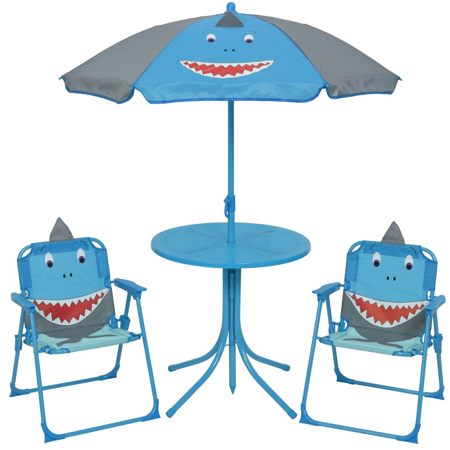 MARELIDA Kindersitzgruppe Hai TINO 2 Stühle Tisch Sonnenschirm Gartenmöbel für Camping 4tlg., (4-tlg)