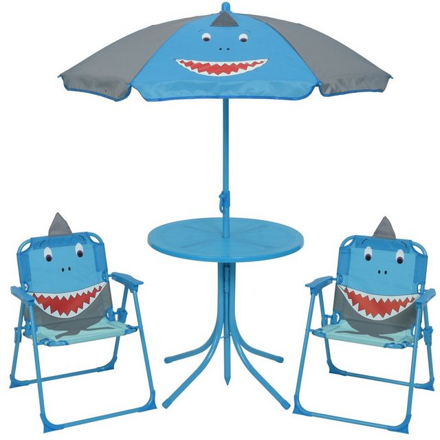MARELIDA Kindersitzgruppe »Kindersitzgruppe Hai TINO 2 Stühle Tisch Sonnenschirm blau grau Garten 4tlg.«, (4-tlg)