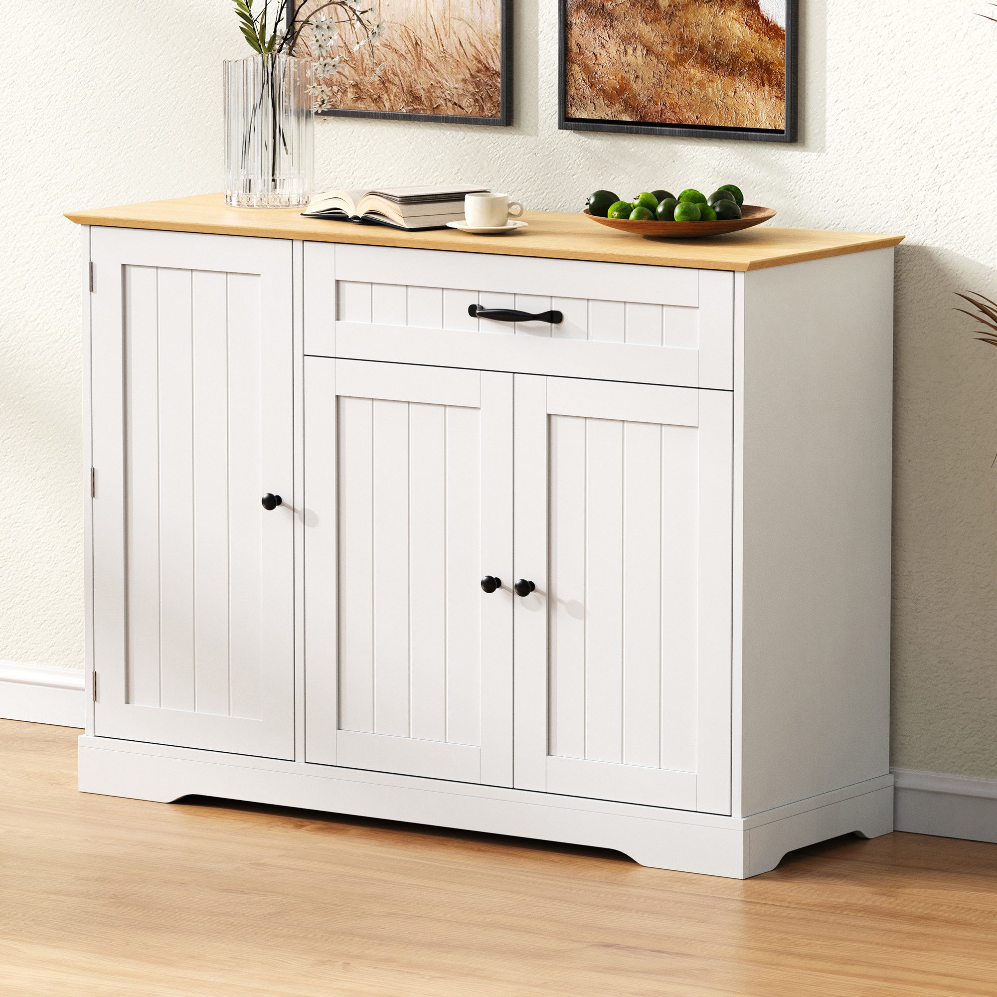 BlingBin Sideboard Küchenschrank mit Türen und Schublade, Buffetschrank, 115 × 40 × 87 cm (1er Set, 1 St., Abmessungen: 107 x 40 x 84 cm, Gewichtskapazität: 40kg), Buffetschrank für Esszimmer, Wohnzimmer und Diele, Weiß & Natur