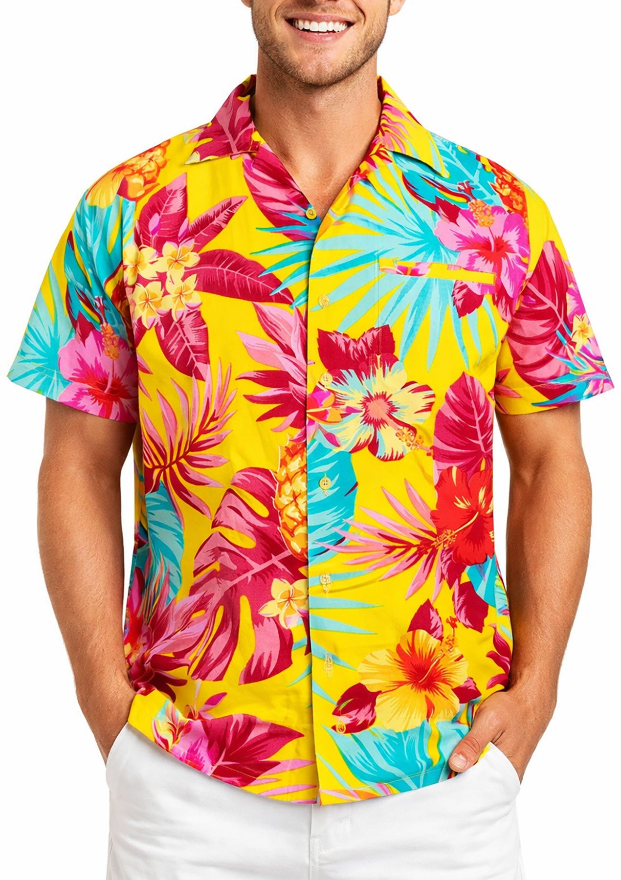 King Kameha Hawaiihemd Pineapple Funky Hawaii-Hemd Herren Kurzarm Front-Tasche Stylish