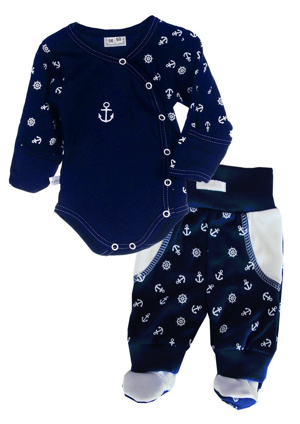 La Bortini Body & Hose Wickelbody Hose Baby Anzug 2tlg Set Body in Blau oder Weiß mit Anker aus reiner Baumwolle, 44-50 56 62 68 74 80 86 92 98