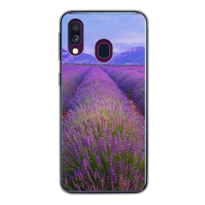 MuchoWow Handyhülle Reihen von Lavendel vor Bergen Handyhülle Samsung Galaxy A40 Smartphone-Bumper Print Handy