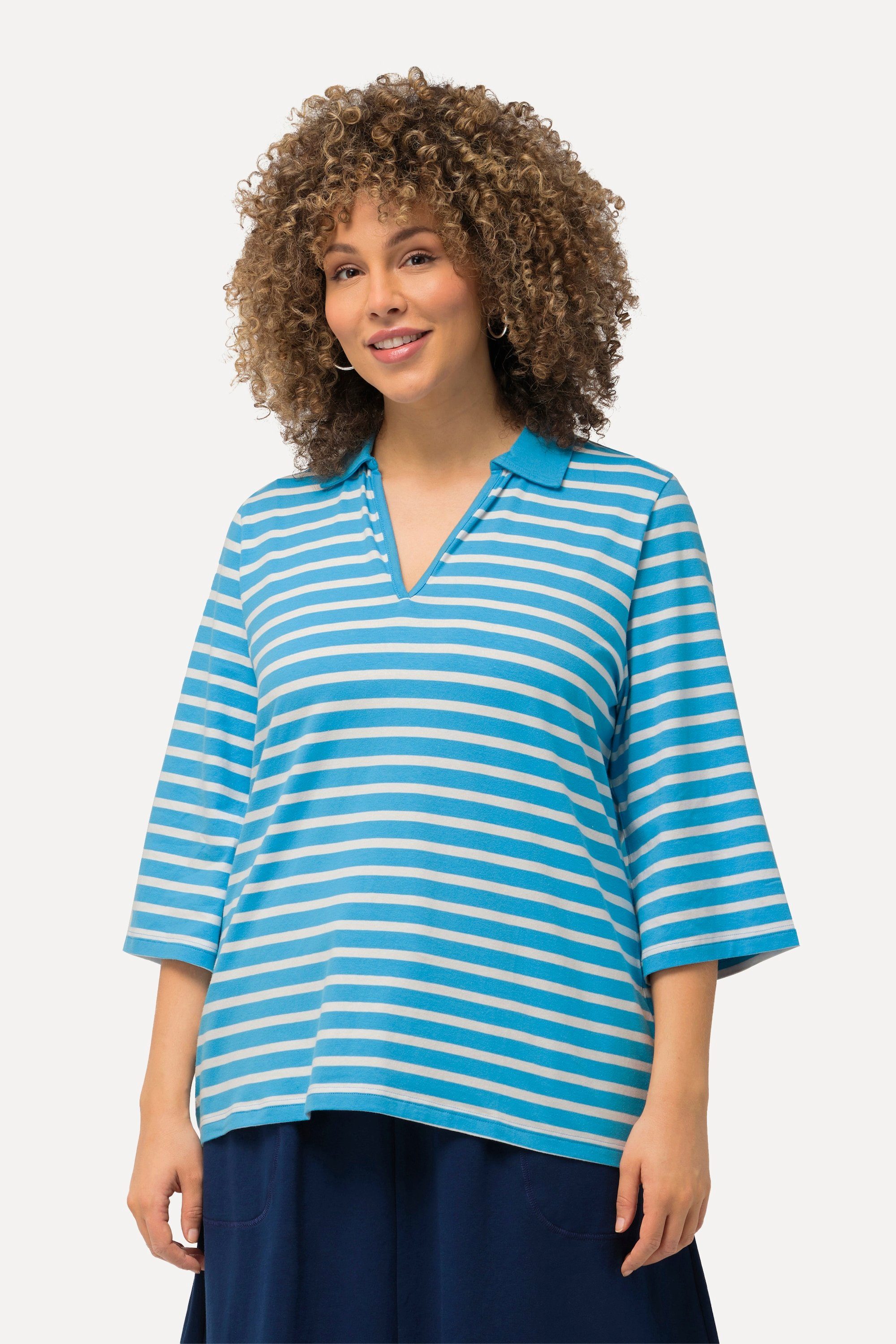 Ulla Popken Poloshirt Poloshirt Ringel V-Ausschnitt günstig online kaufen