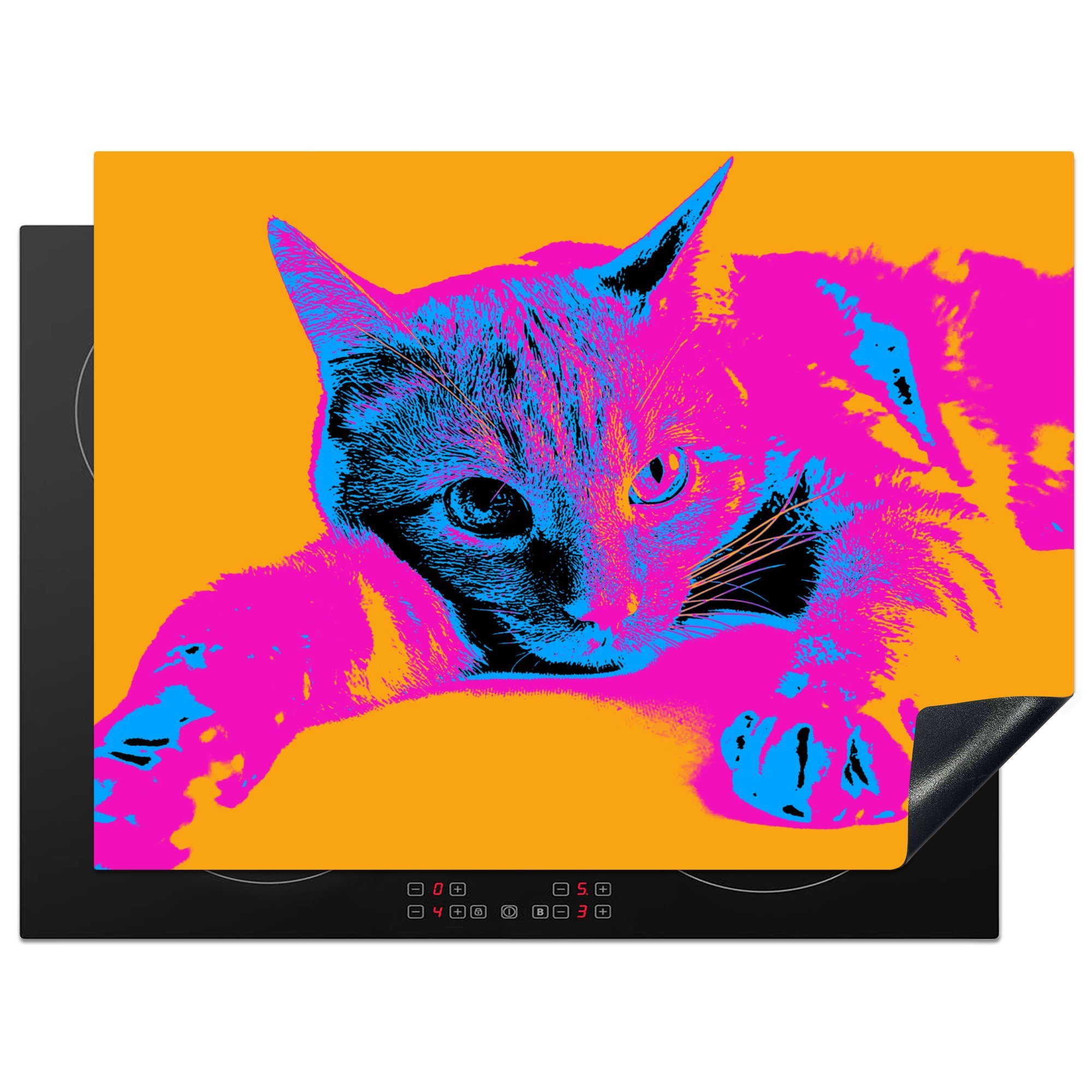 MuchoWow Herdblende-/Abdeckplatte Ein Pop-Art-Porträt einer liegenden Katze, Vinyl, (1 tlg), 70x52 cm, Mobile Arbeitsfläche nutzbar, Ceranfeldabdeckung