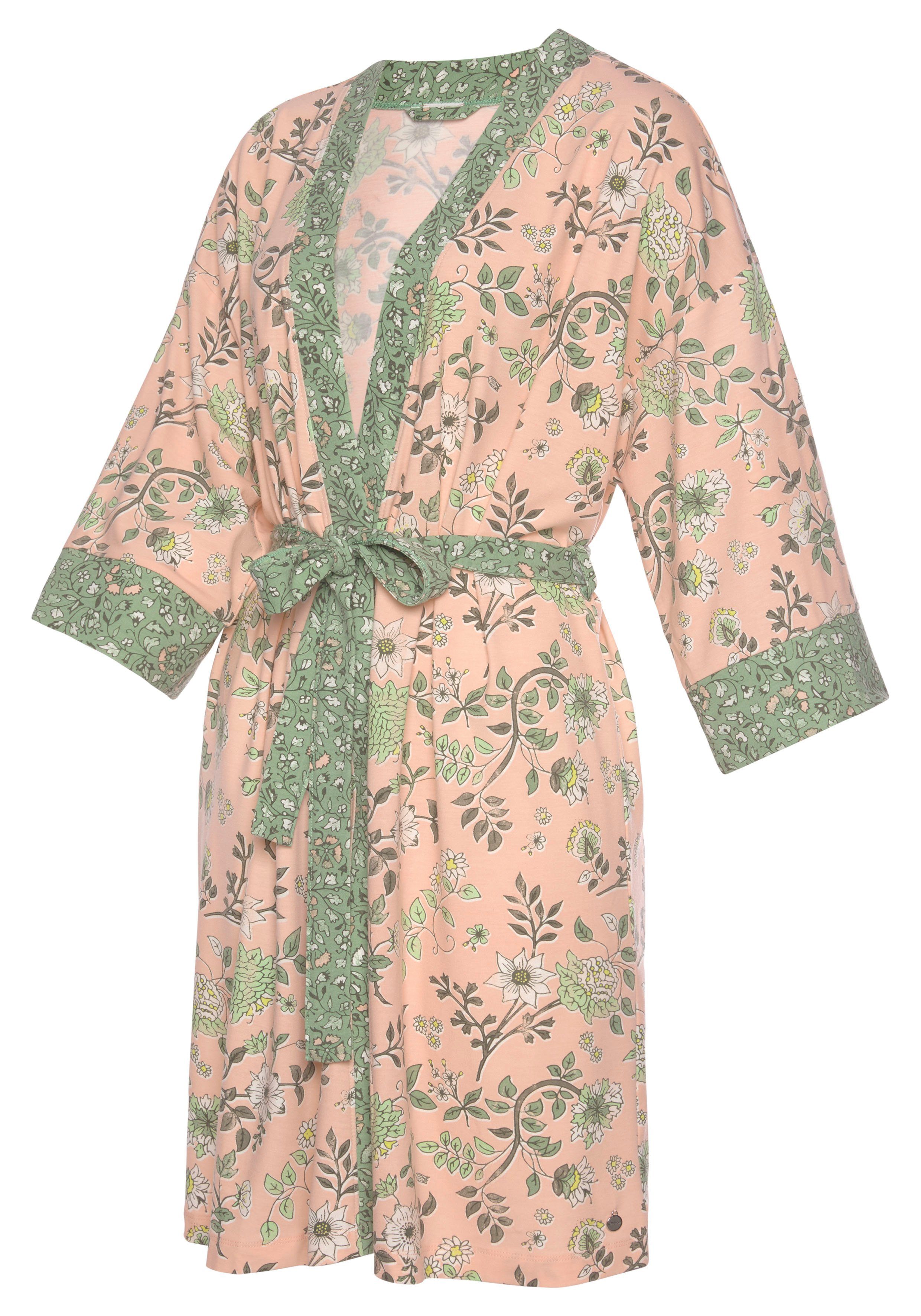 LASCANA nude-schilfgrün Kurzform, Jersey, Kimono, Gürtel, mit Allover-Druck Kimono-Kragen, Blumen