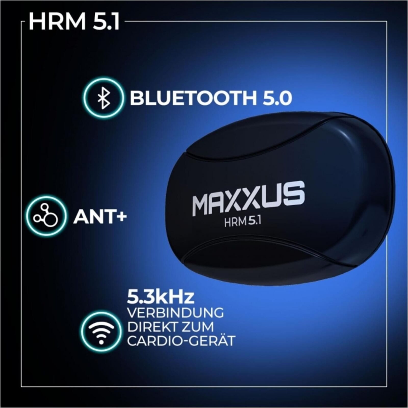 MAXXUS Brustgurt - Herzfrequenz Monitor HRM 5.1, Uncodiert 5,3 kHz, ANT+, Bluetooth (1-tlg), Kompatibel mit Polar, Garmin, Strava, Zwift, Pulsmesser, Pulsgurt