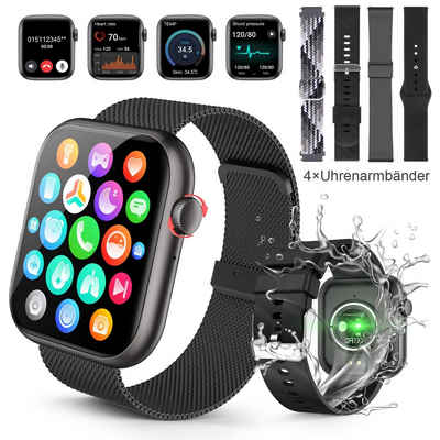 walkbee smartwatch,Fitness Tracker uhr für Damen Herren mit Telefonfunktion Smartwatch (5 cm/1.96 Zoll Full-Touch Zoll) IP67 Wasserdicht Fitness Uhr, 4 Austauschbare Armbänder