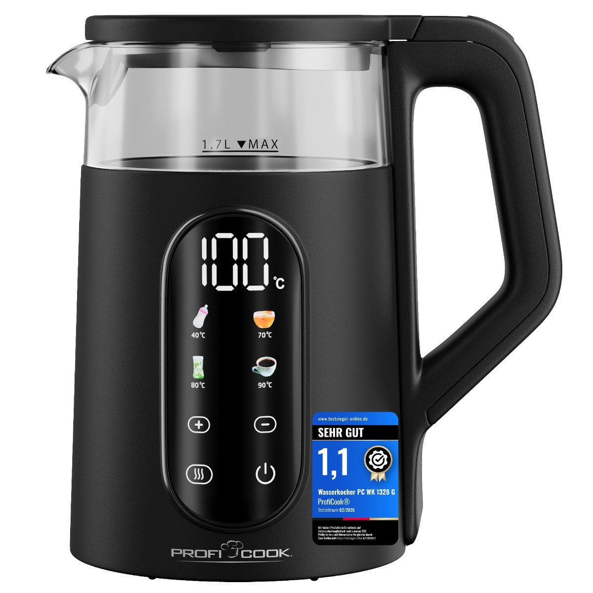 ProfiCook Wasserkocher PC-WK 1328 G, Wasserkocher mit Temperatureinstellung 40 - 100°C