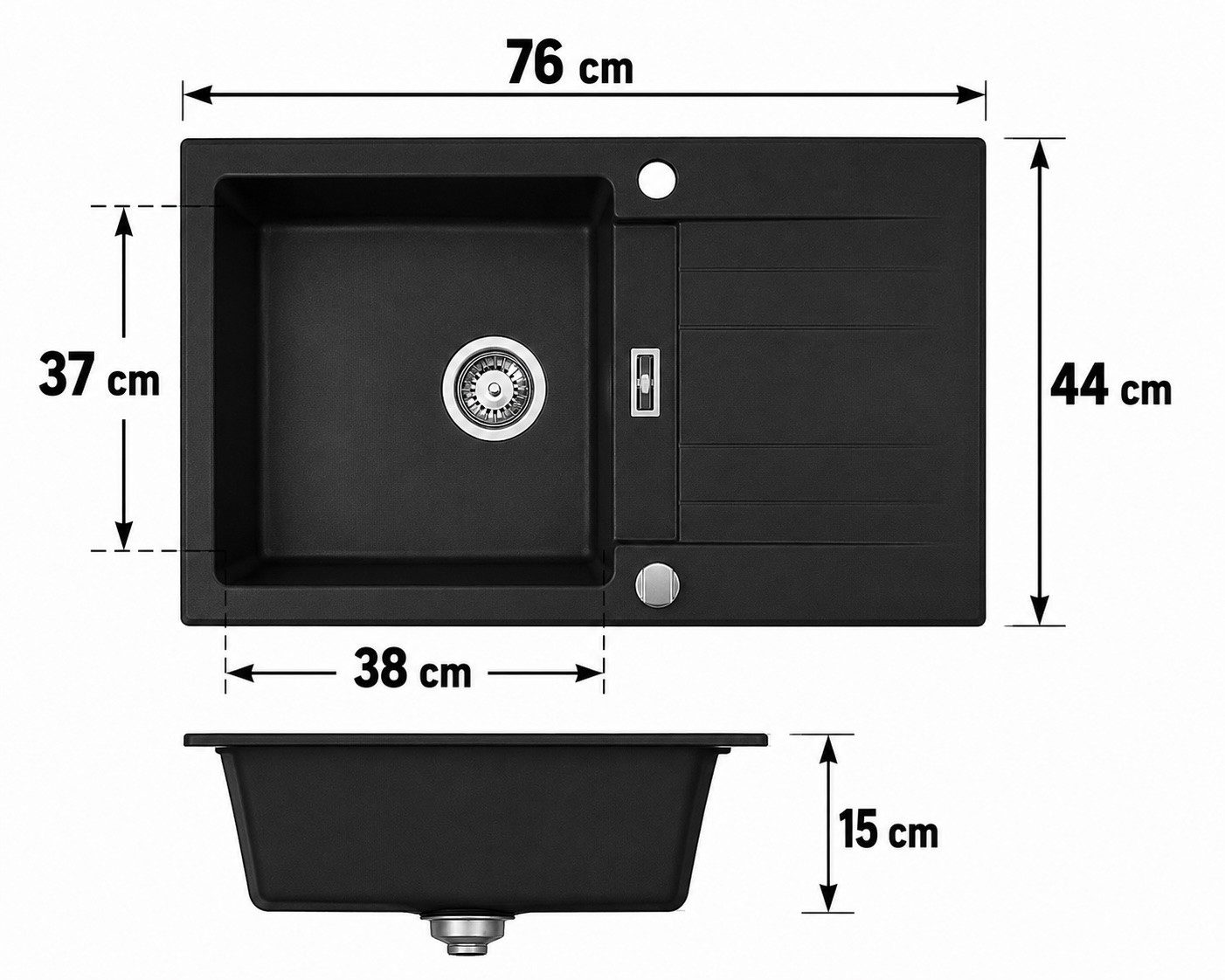 Homeline Granitspüle London Granitspüle Schwarz Weiß Beige Grau Küchenspüle Siphon 76x44, Eckig, 76/43 cm, Wecken, kann rechts und links eingebaut werden., (Gra – Bild 5 von 5