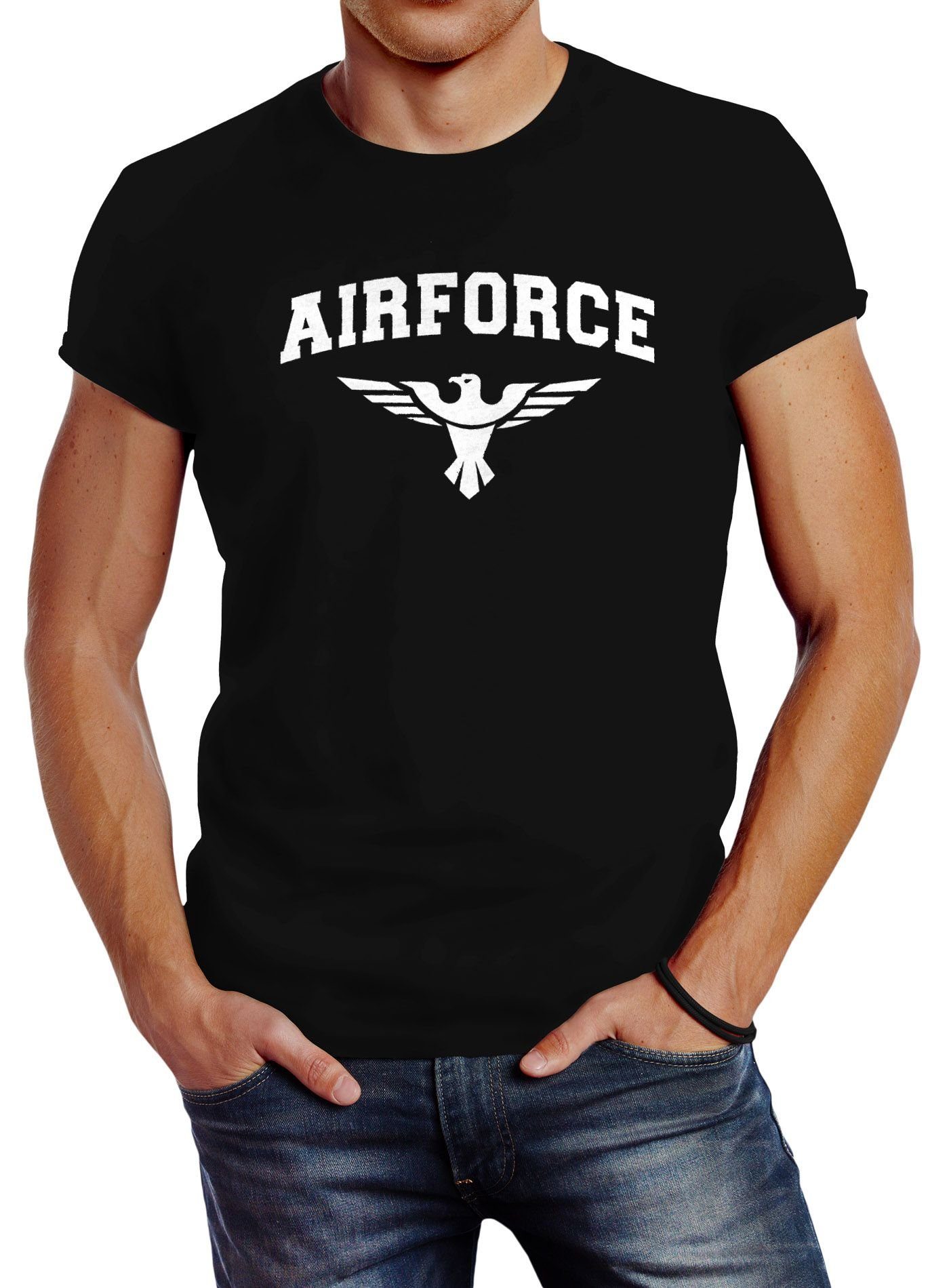Neverless Print-Shirt Neverless® Herren T-Shirt Airforce US Army Adler Militär T-Shirt Fashion Streetstyle mit Print schwarz