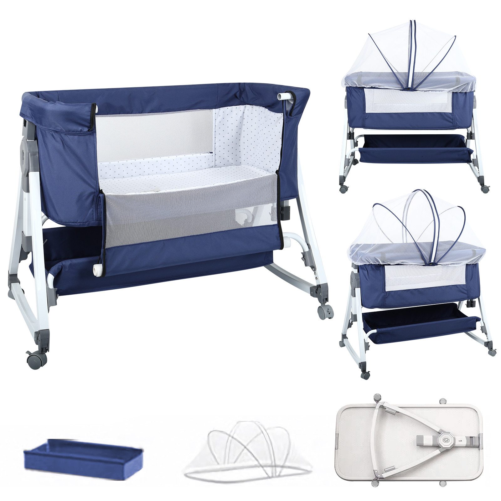 JEOBEST Beistellbett 3 in 1 Babybett, Schaukelmodus, mit atmungsaktivem Netz und Laken, mit Rollen Kinderbett, 6-Fach Höhenverstellung, Moskitonetz, Lagerung