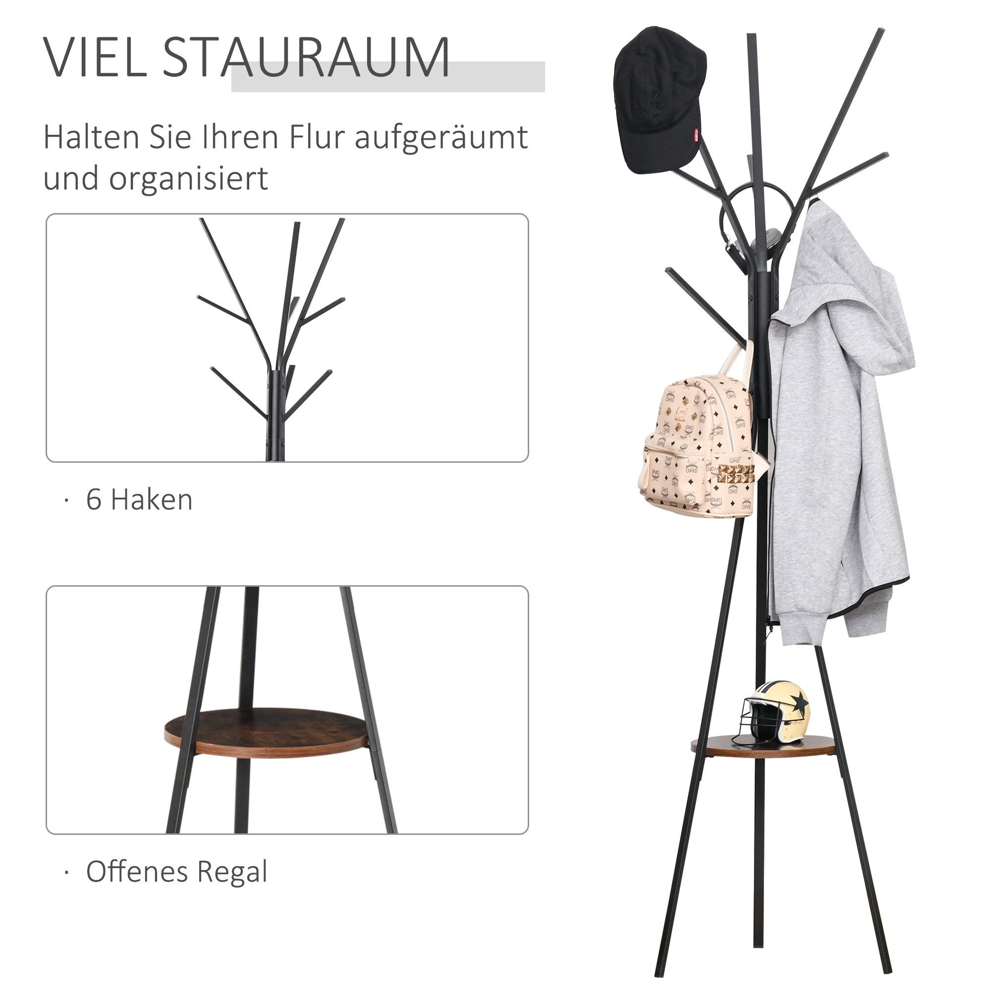 HOMCOM Garderobenständer Jackenständer mit Ablage und 8 Haken, Garderobe für Kleidung, (Kleiderständer, 1 St., Hutständer), Metall, Braun, 45 x 45 x 180 cm – Bild 4 von 5