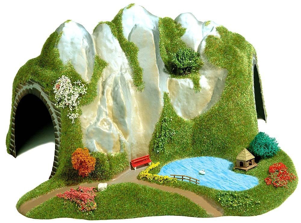 Busch Modelleisenbahn-Tunnel Busch H0 3011 Bergtunnel mit See gebogen 1-gleisig maisgrün 32 x 3...