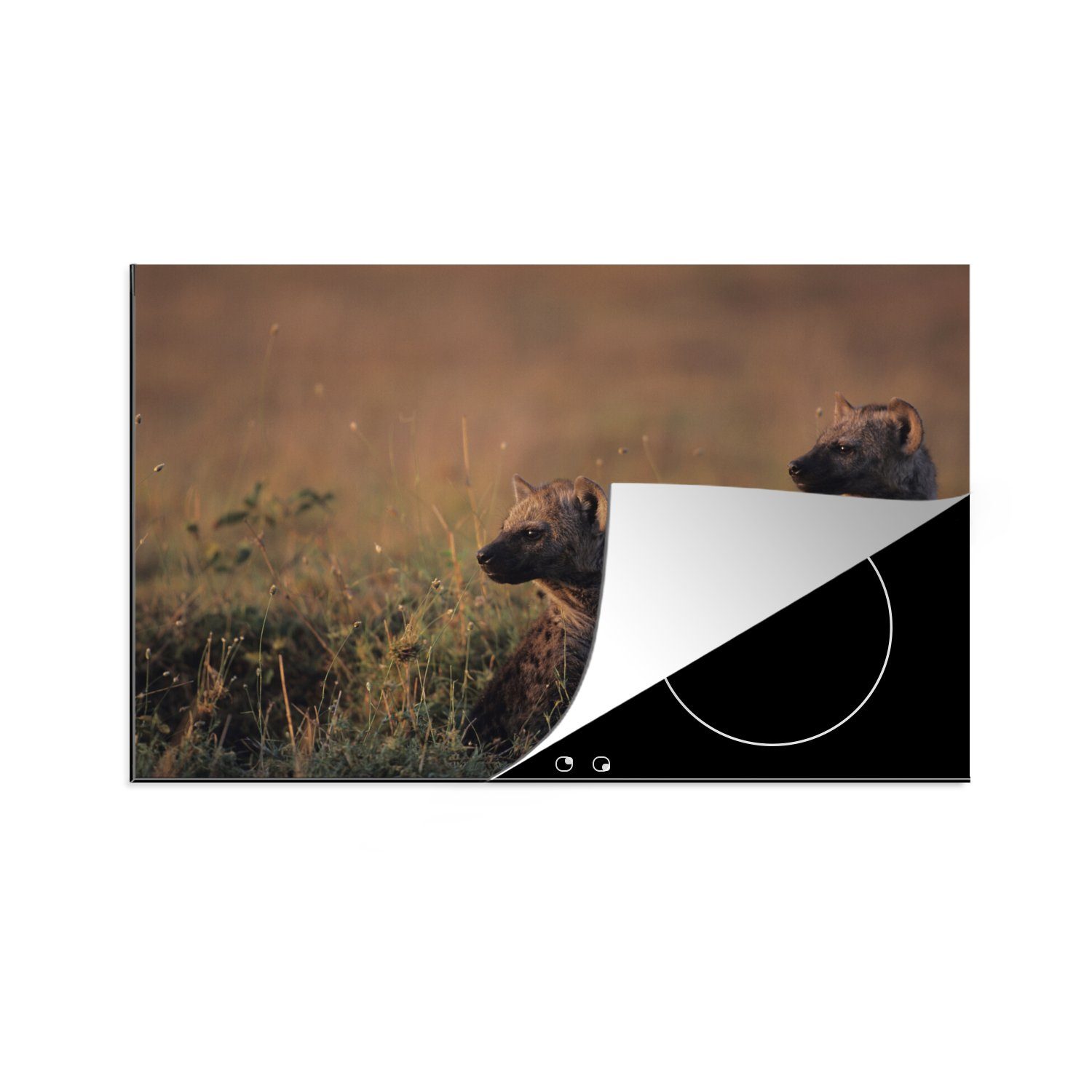 MuchoWow Herdblende-/Abdeckplatte Junge Hyänen in der Savanne, Vinyl, (1 tlg), 81x52 cm, Induktionskochfeld Schutz für die küche, Ceranfeldabdeckung | Herdabdeckplatten