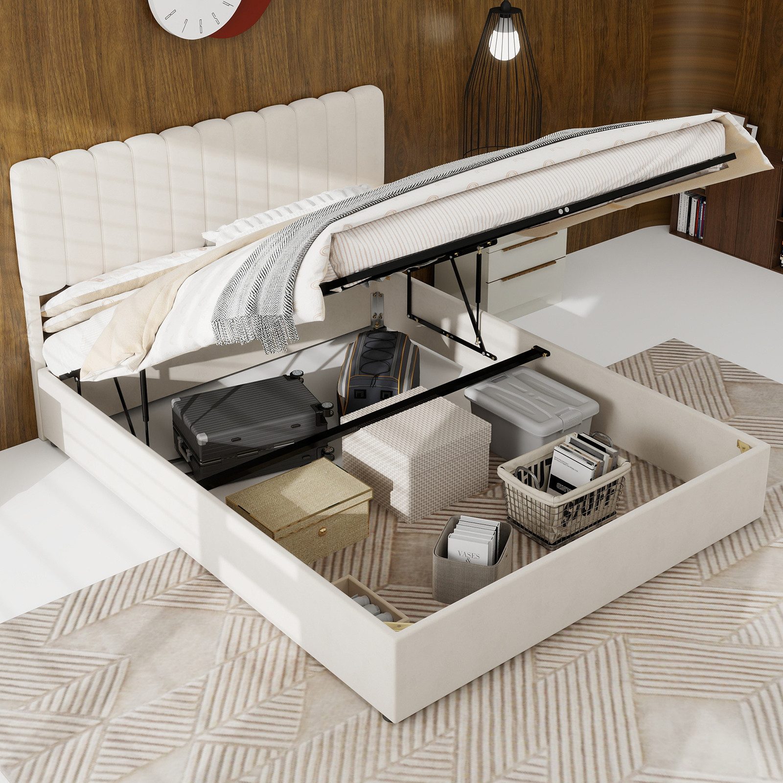 OYRREU Polsterbett Soft Headboard Multi-Functional Furniture Storage Base Gas Mechanism (Spar-Set)