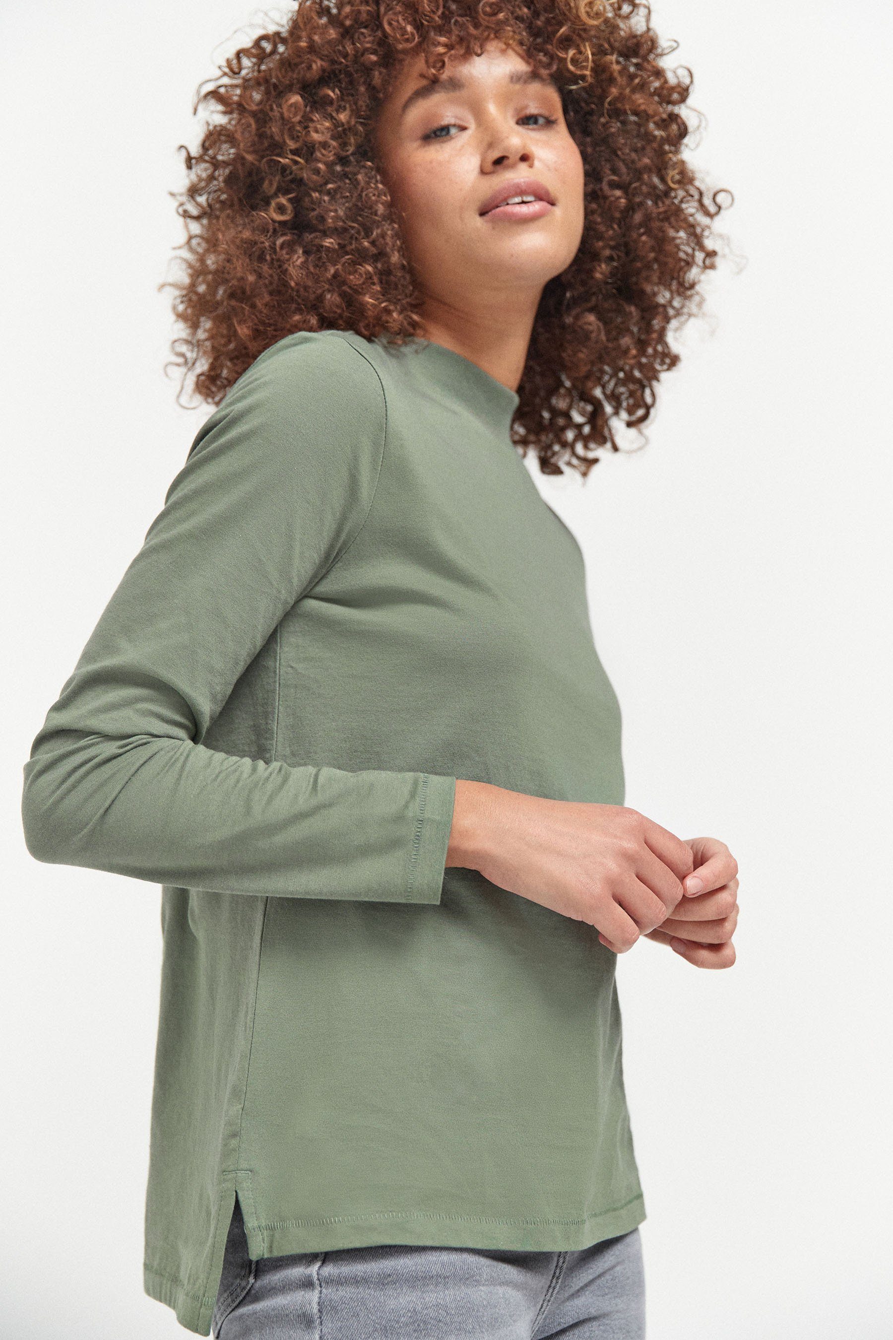 Green Next mit Stehkragen (1-tlg) Langarm-Shirt Khaki Langarmshirt