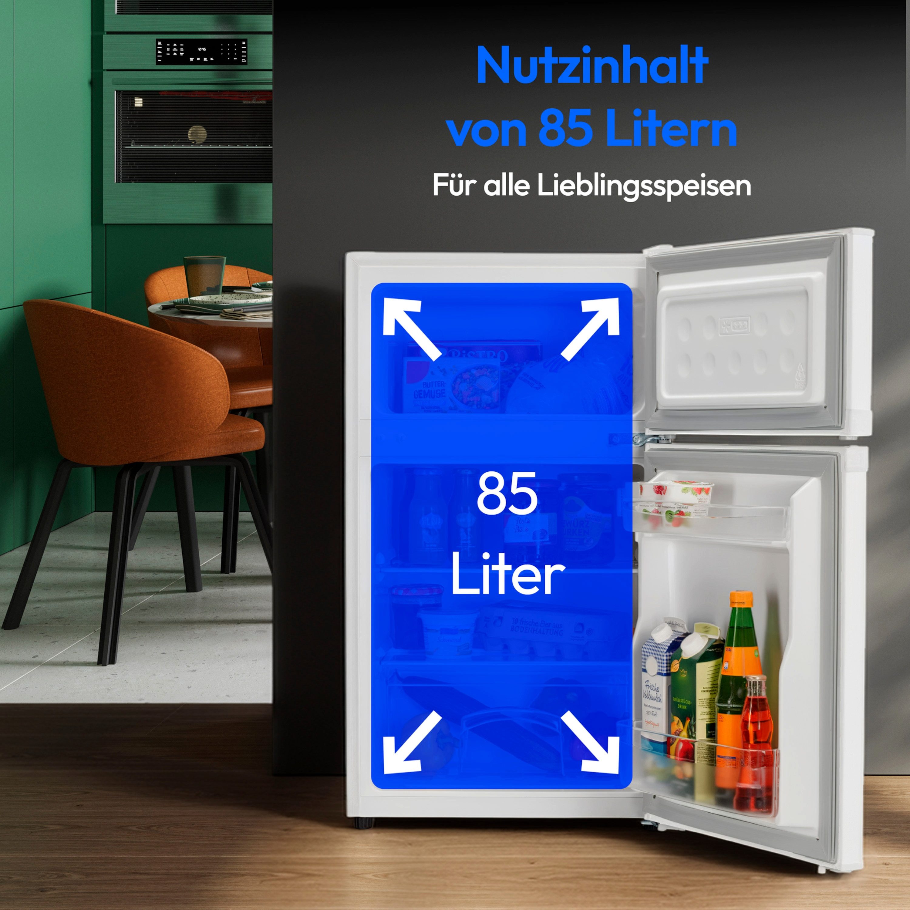 Medion® Kühl-/Gefrierkombination MD37689, 85 cm hoch, 48 cm breit, 85 Liter, 61L Kühlteil, 24L Gefrierteil, freistehend