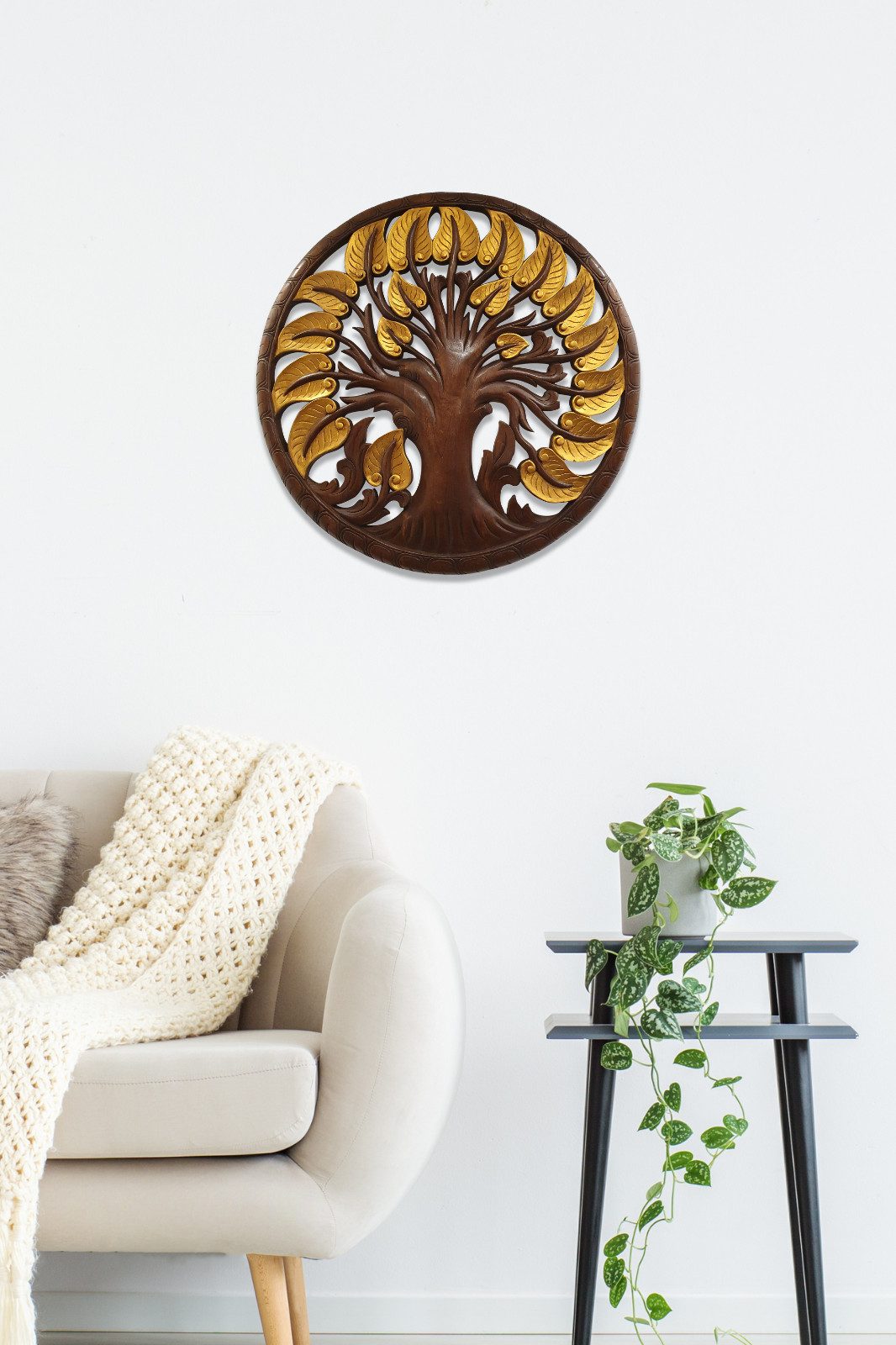 Kinaree Wandbild Holz Wandbild Bodhi Baum 60cm, Schnitzerei, Handbemalt, Unikate