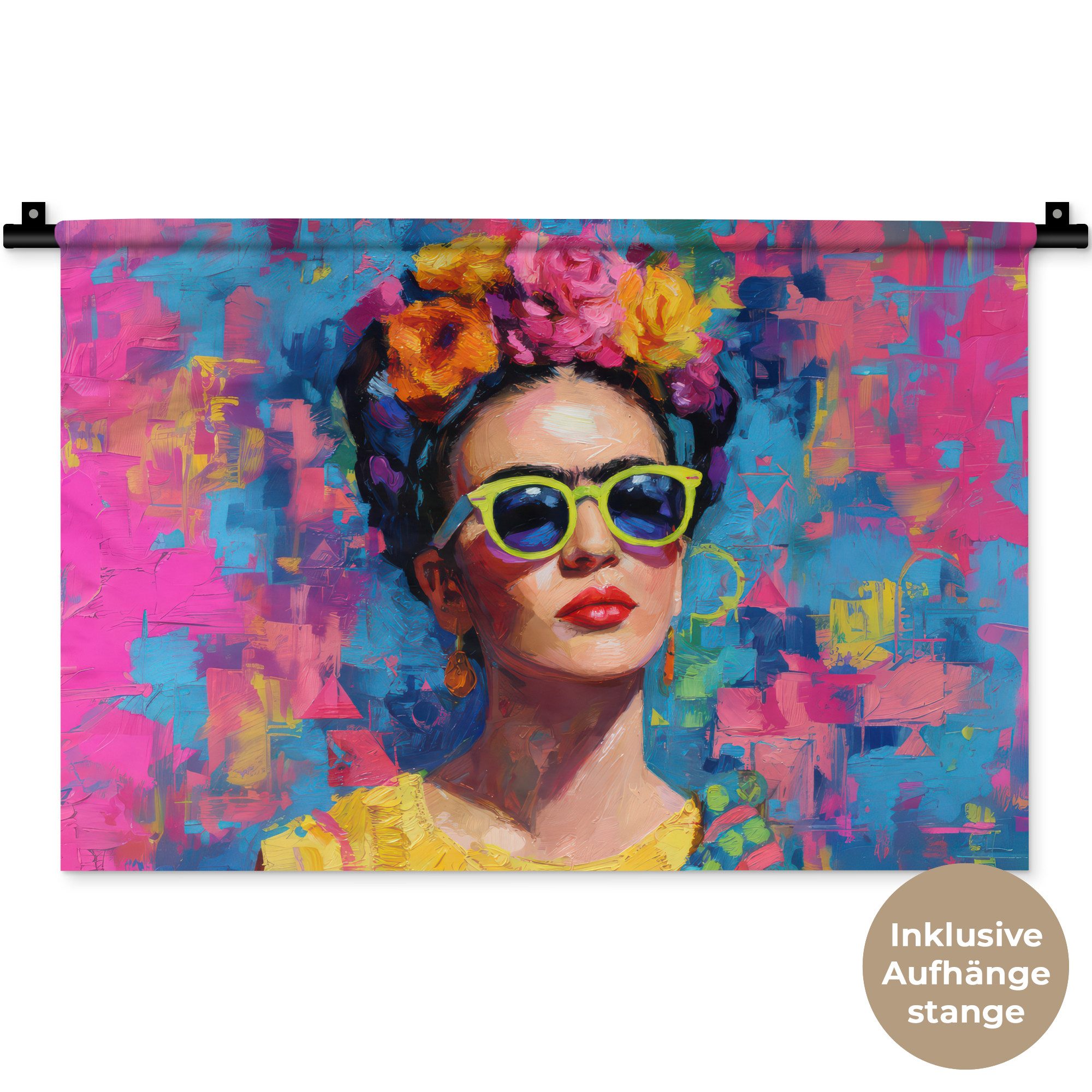 MuchoWow Wandteppich Fröhliches Porträt - Frau - Blumenkranz, Rechteckig, Höhe: 3 mm, Wandteppich für Wohnzimmer, Schlafzimmer, 60x40 cm