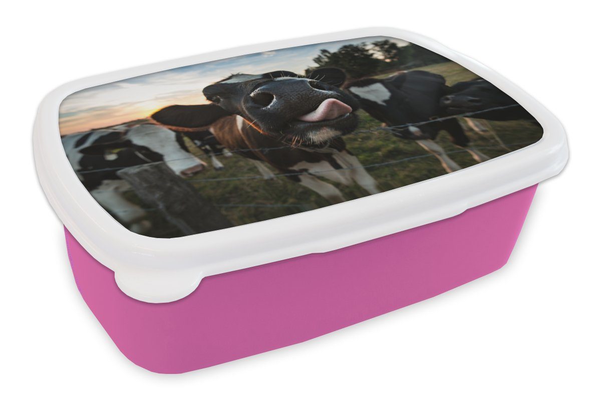 MuchoWow Lunchbox Kuh - Tier - Nahaufnahme, Kunststoff, (2-tlg), Brotbox für Erwachsene, Brotdose Kinder, Snackbox, Mädchen, Kunststoff rosa