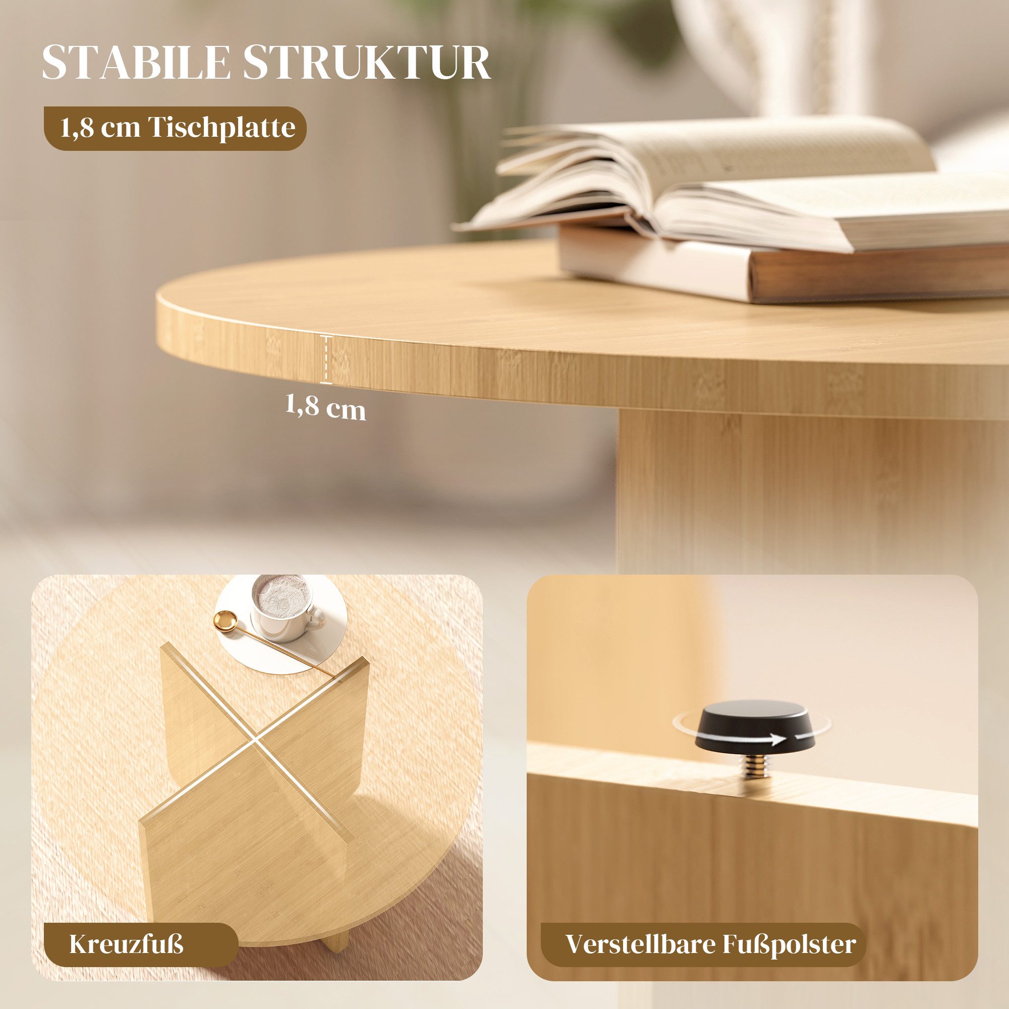 HOMCOM Couchtisch Wohnzimmertisch Rund Ø66 cm aus Bambus Beistelltisch (Beistelltisch, 1-St., Kaffeetisch), bis 120 kg Belastbar für Wohnzimmer, Schlafzimmer, N – Bild 5 von 5