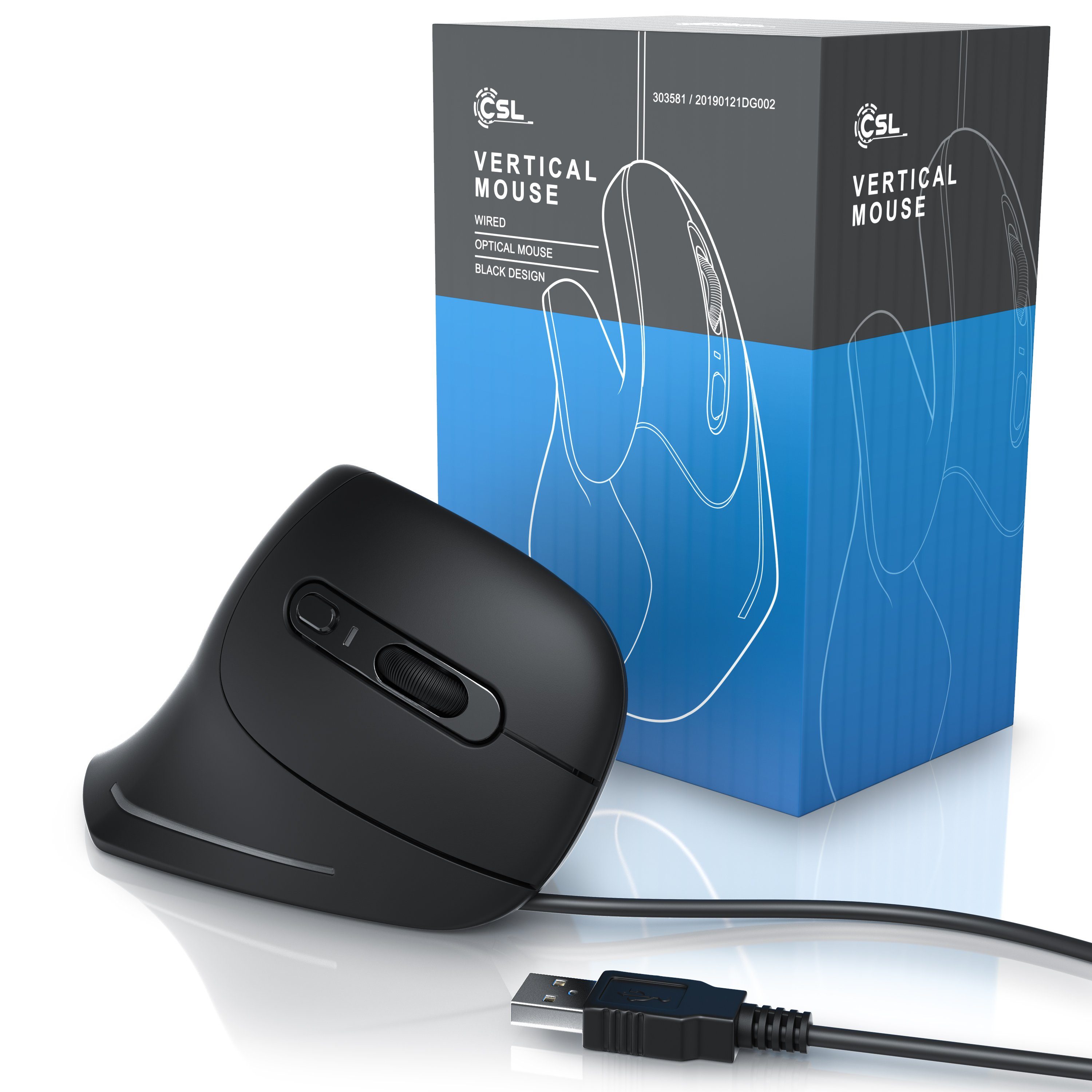 CSL Vertikalmaus, optische Vertikal Mouse, ergonomische & armschonend ergonomische Maus (kabelgebunden, 125 dpi, Vorbeugung gegen Mausarm Tennisarm, Kabel, für PC & MAC, 800-3200 DPI)