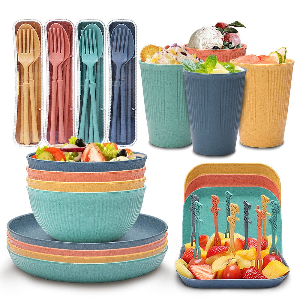 TUWENA Geschirr-Set Geschirr Set, Wiederverwendbar Camping für 4 Personen Plastikgeschirr