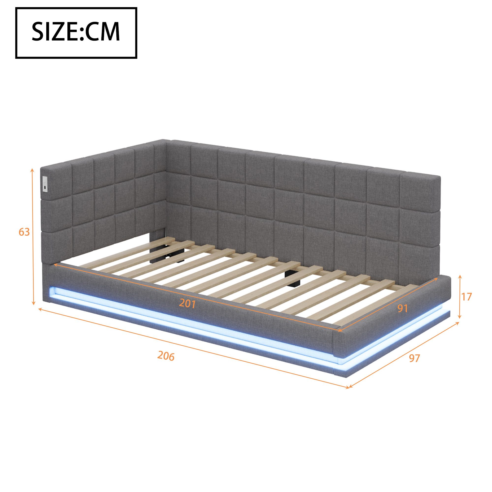 Merax Daybett mit LED und USB-Steckdose (1 tlg), Polsterbett Tagesbett Schlafsofa 90x200cm mit Lattenrost, Samt – Bild 5 von 5