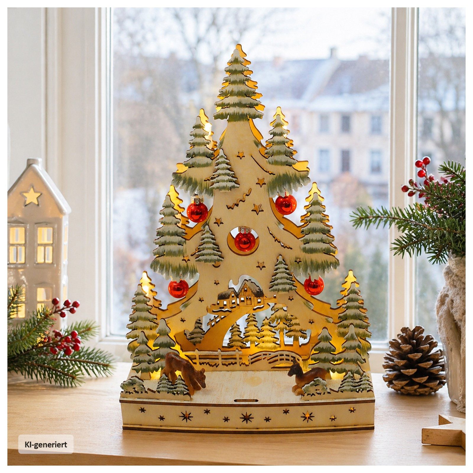 HTI-Living Schwibbogen LED Schwibbogen Weihnachtsbaum mit Kugeln und Rentieren (1-tlg), Lichterspitze aus Holz, batteriebetrieben