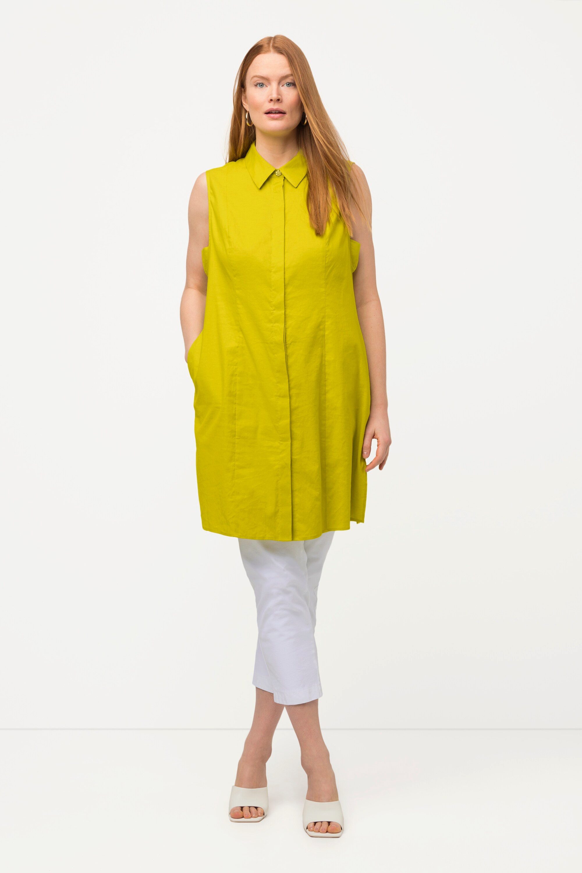 Ulla Popken Spitzenbluse Bluse Leinenmix Hemdkragen Taschen ärmellos