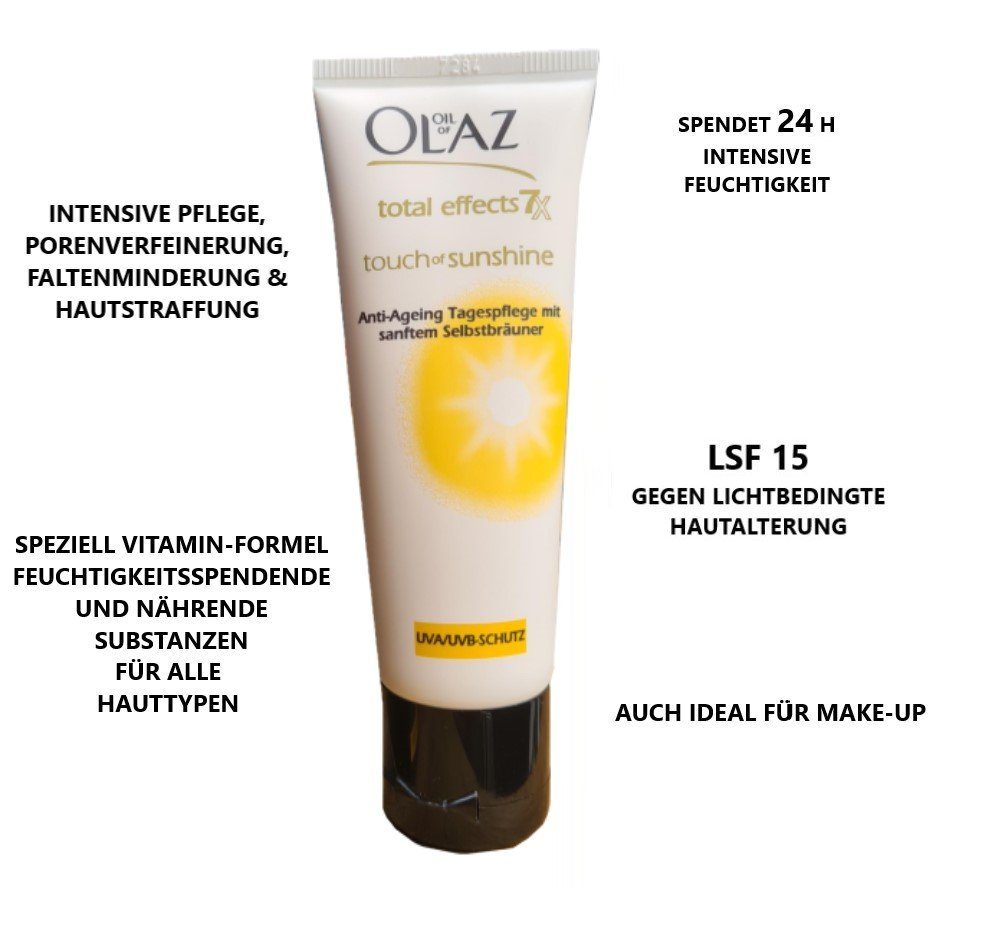 OLAZ Tagescreme Total Effects Touch of Sunshine Tagescreme mit Selbstbräuner 40ml Anti-Aging Creme für natürliche & fleckenfreie Bräune, straffung, jüngeres Aussehen, Anti Falten Hautcreme mit Vitamin E Naturkosmetik Make up Beauty Feuchtigkeitscreme für Frauen Pflege & Schutz von Unreiner, 1-tlg., Haut Creme für alle Hauttypen Feuchtigkeitspflege Hautcreme