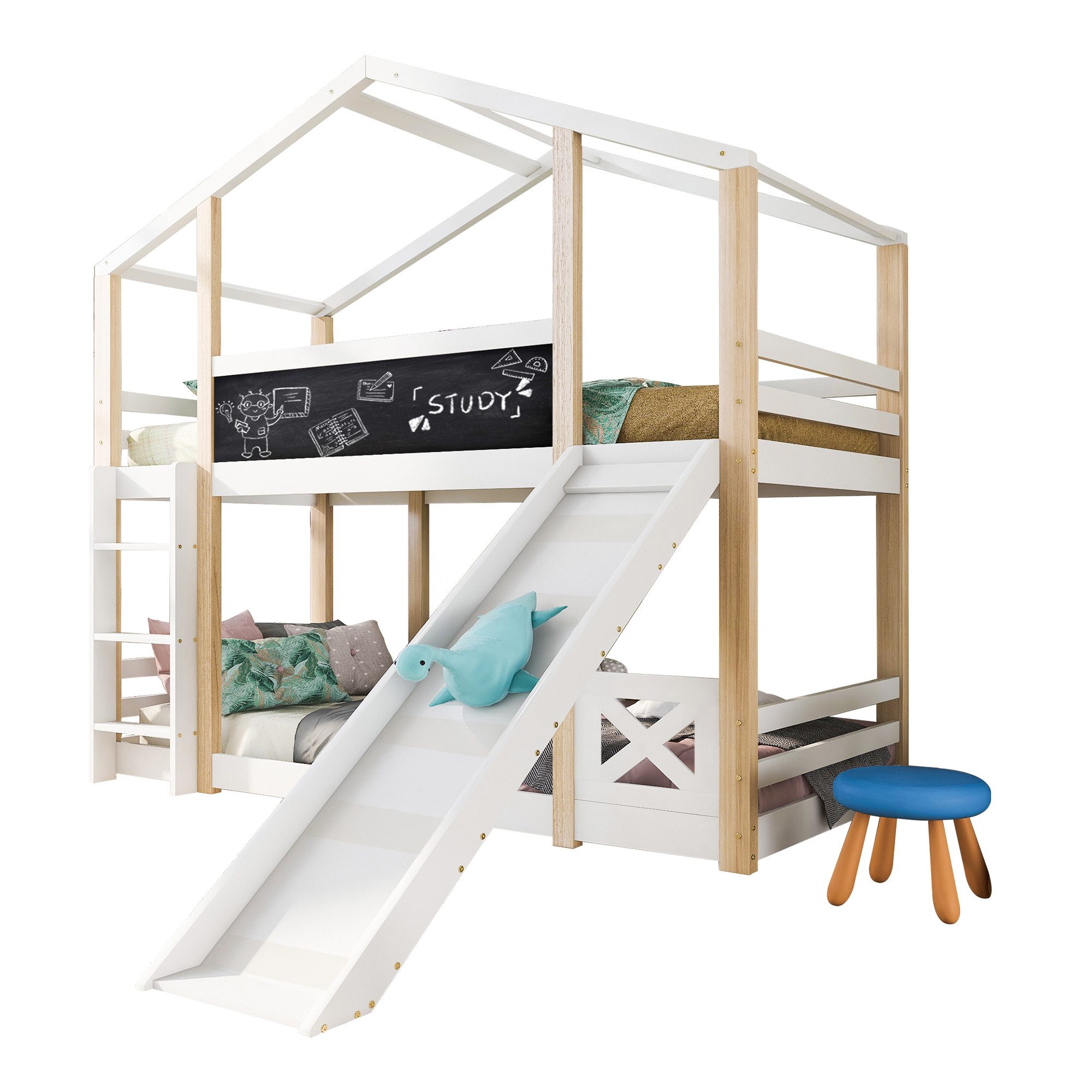 REDOM Etagenbett Kinderbett Baumhaus (Hochbett für Kinder– 2x Lattenrost- Natur & Weiß, mit Rutsche & Leiter 90 x 200 cm), Sicherer zur Schlafebene
