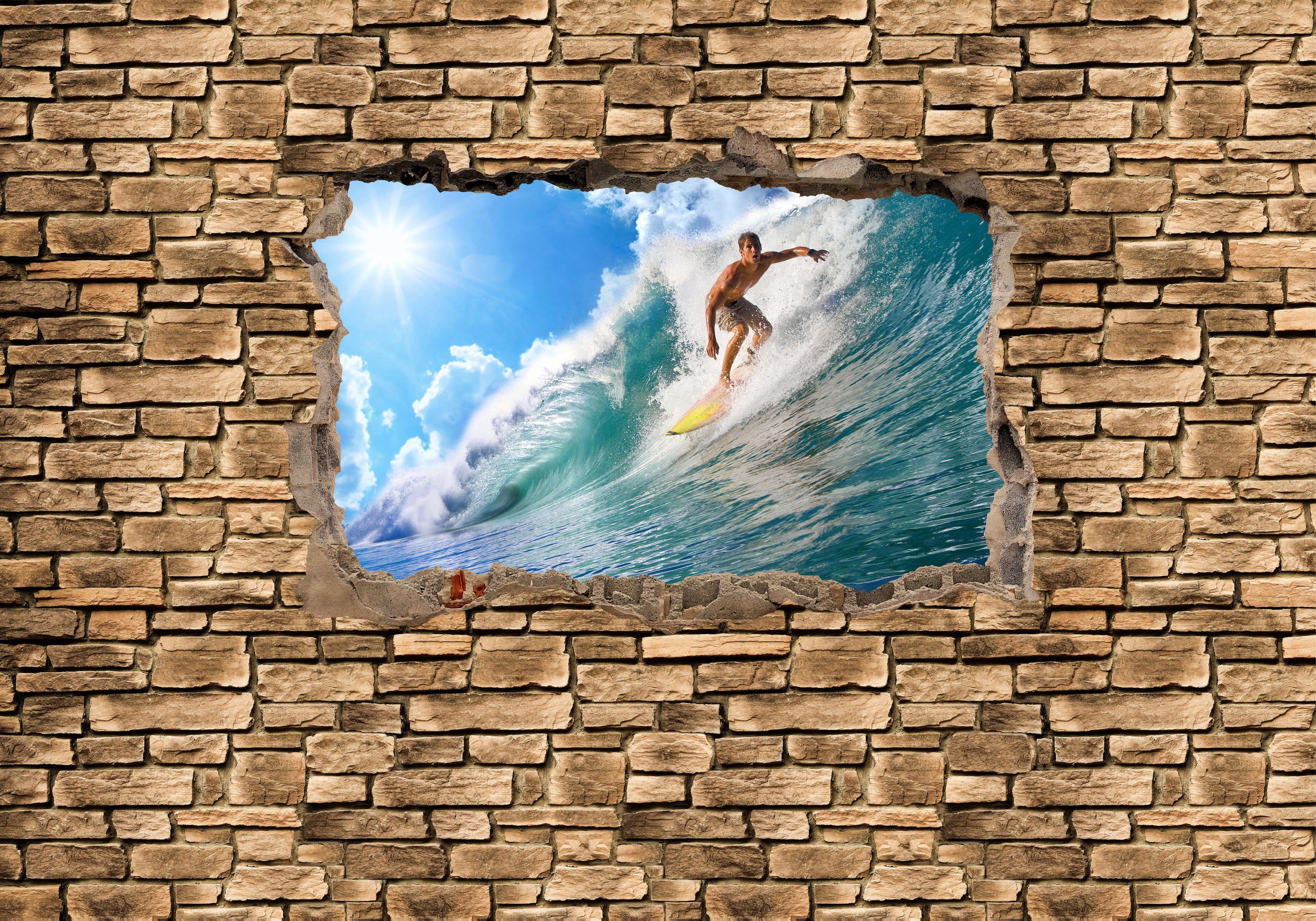 wandmotiv24 Fototapete 3D Surfing - Steinmauer, glatt, Wandtapete, Motivtapete, matt, Vliestapete