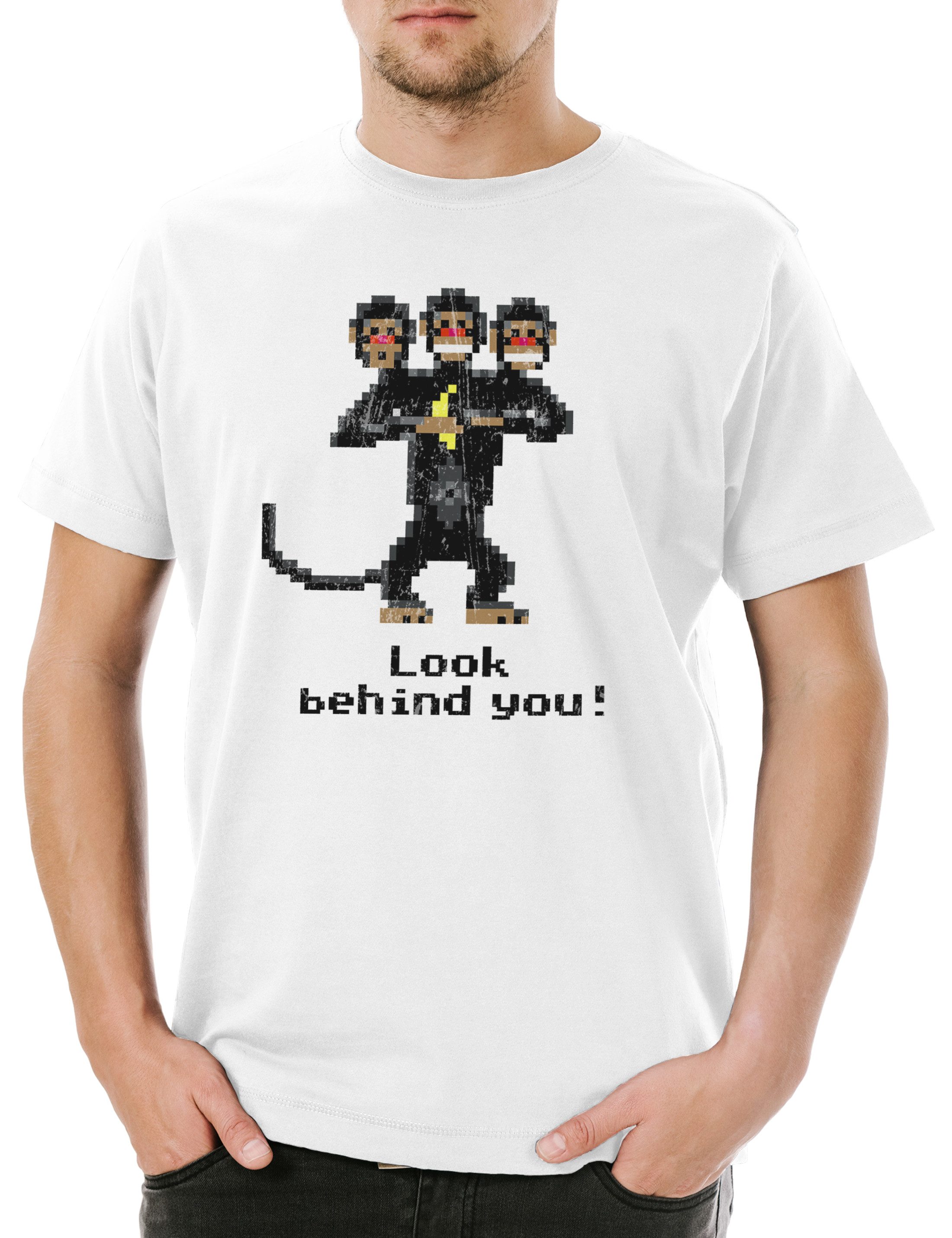Urban Backwoods Print-Shirt Look Behind You Herren T-Shirt Monkey The Game Secret Of Affe Nerd (1-tlg) Island Three Headed Monkey