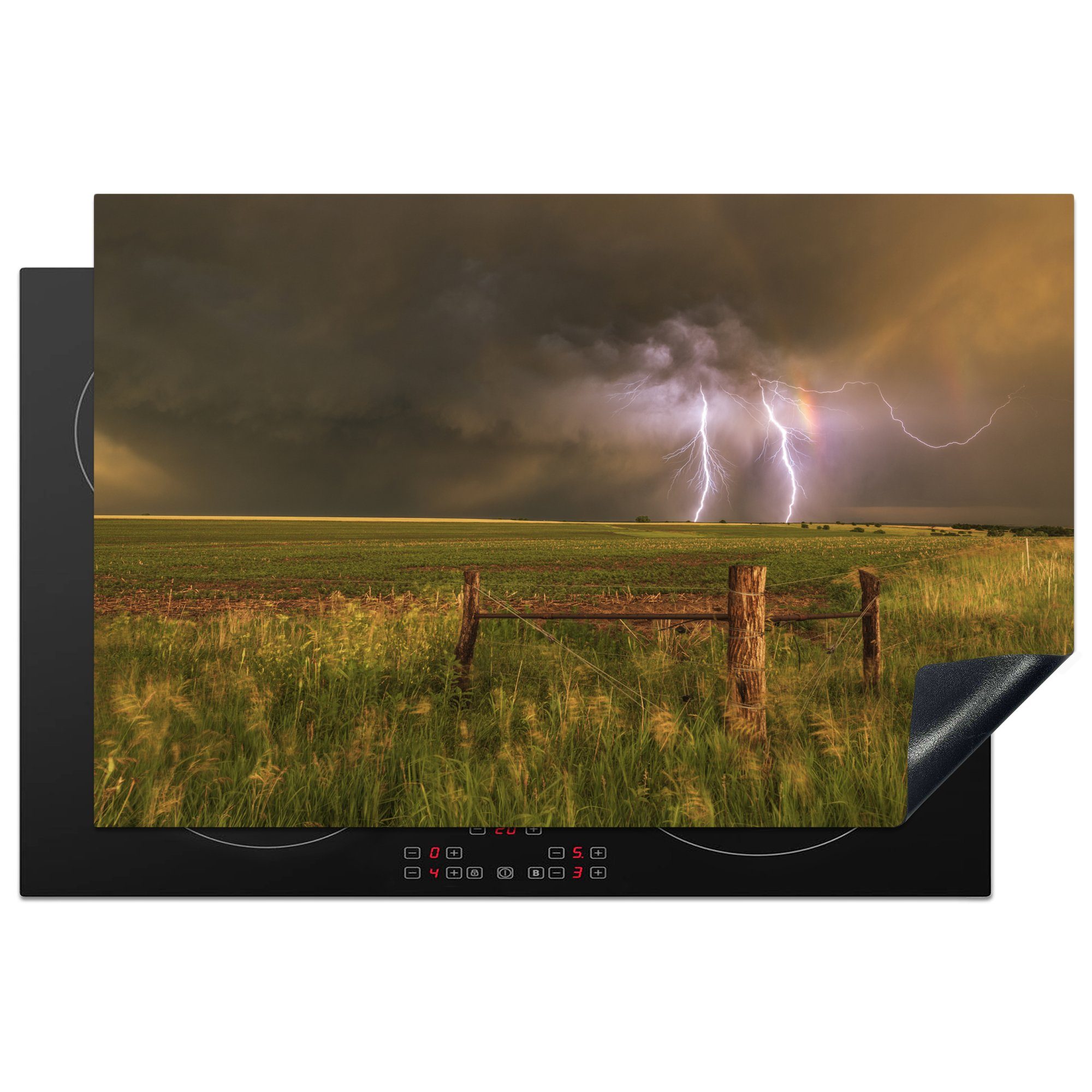 MuchoWow Herdblende-/Abdeckplatte Zweimaliger Blitzeinschlag bei einem Doppelregenbogen in Nebraska, Vinyl, (1 tlg), 81x52 cm, Induktionskochfeld Schutz für die küche, Ceranfeldabdeckung