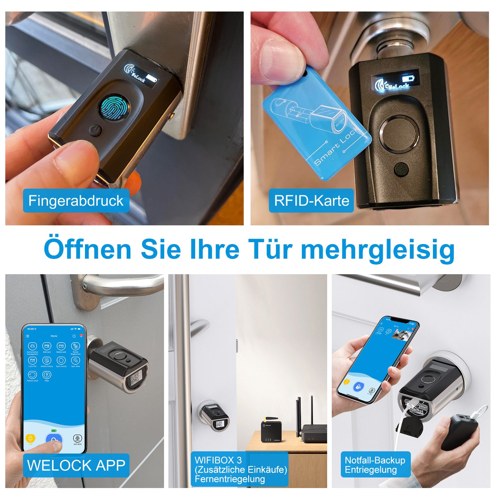 WE.LOCK Türschlossantrieb WELOCK Türschloss Fingerabdruck TOUCHEBL41 für 50-100mm Türen, (Packung, Smartes türschloss x1, RFID-Karte x3, Anleitung x1, Zubehörbox x1), Fingerabdruck, RFID-Karte, APP, USB-Entsperrung; einfache Installation