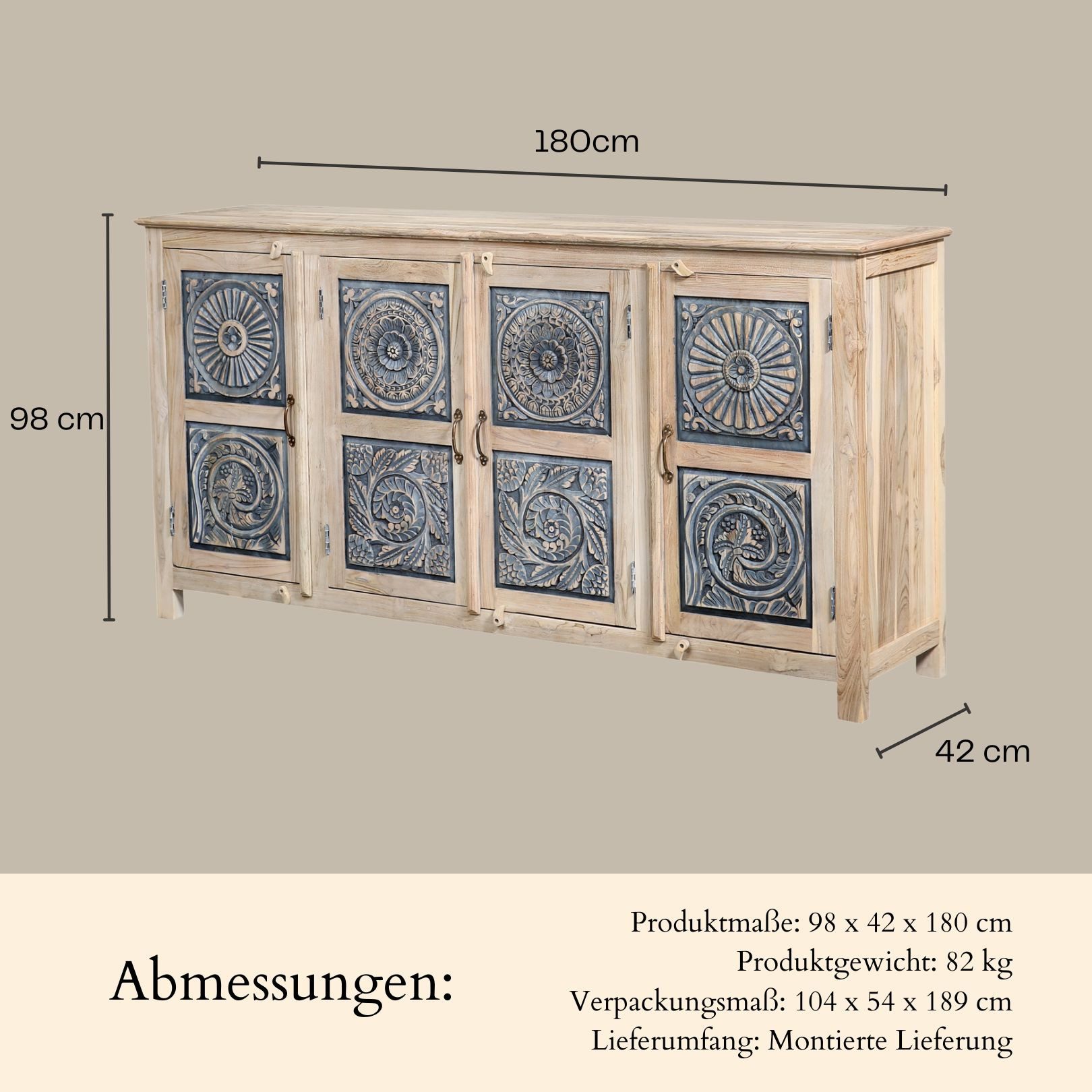 Marrakesch Orient & Mediterran Interior Sideboard Exklusives Sideboard Abelina modern aus Teakholz Möbel massiv 180 cm (1 St), Handarbeit