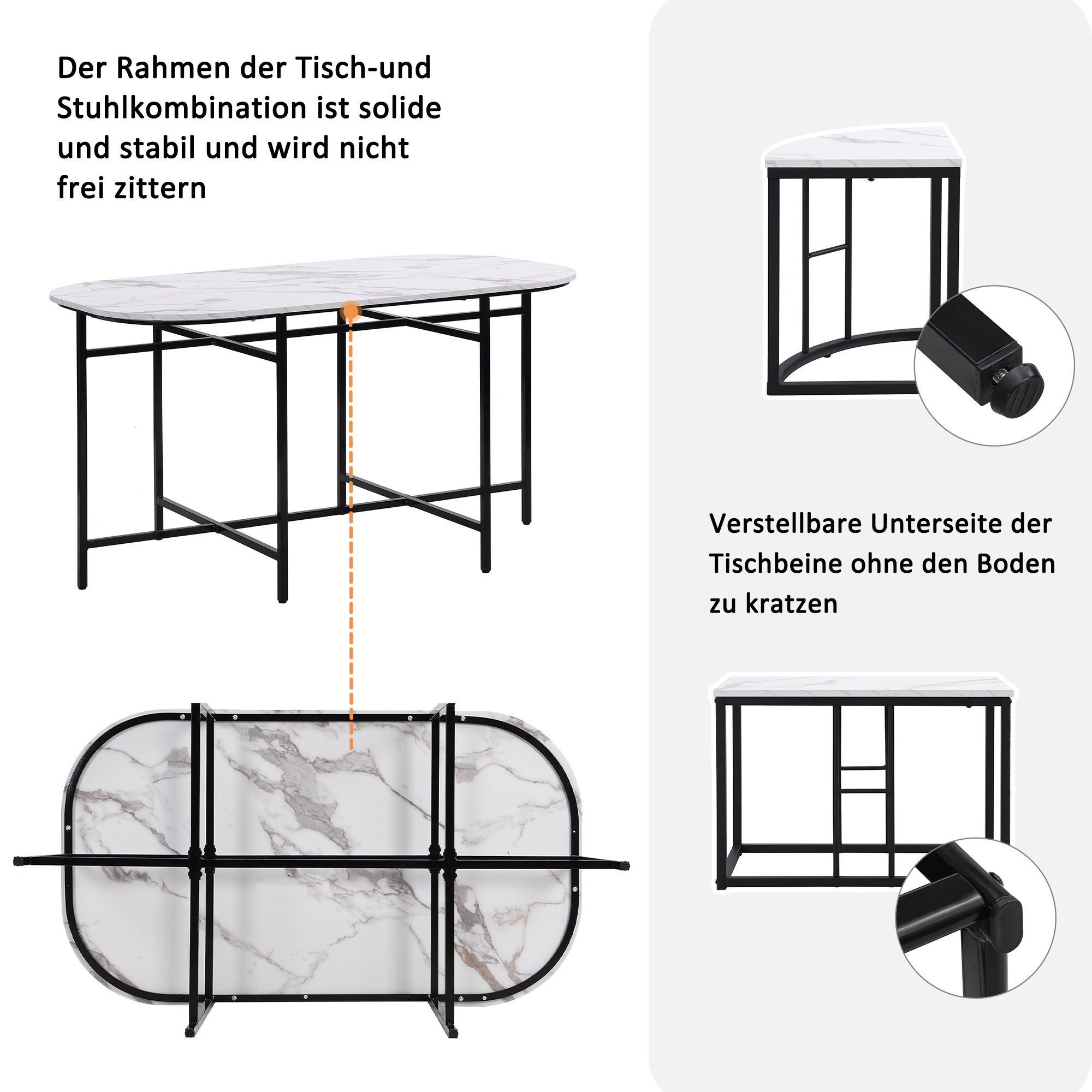 REDOM Essgruppe Essgruppe 140*70*76cm, Hockers Hockers, belastbar Esstisch Beine:Schrawz (7-tlg., ausStahlrahmen 2 mit und Esstisch, 4 120 großen Küchen Tischplatte:Weiß Set kleinen MDF-Sitzfläche), kg