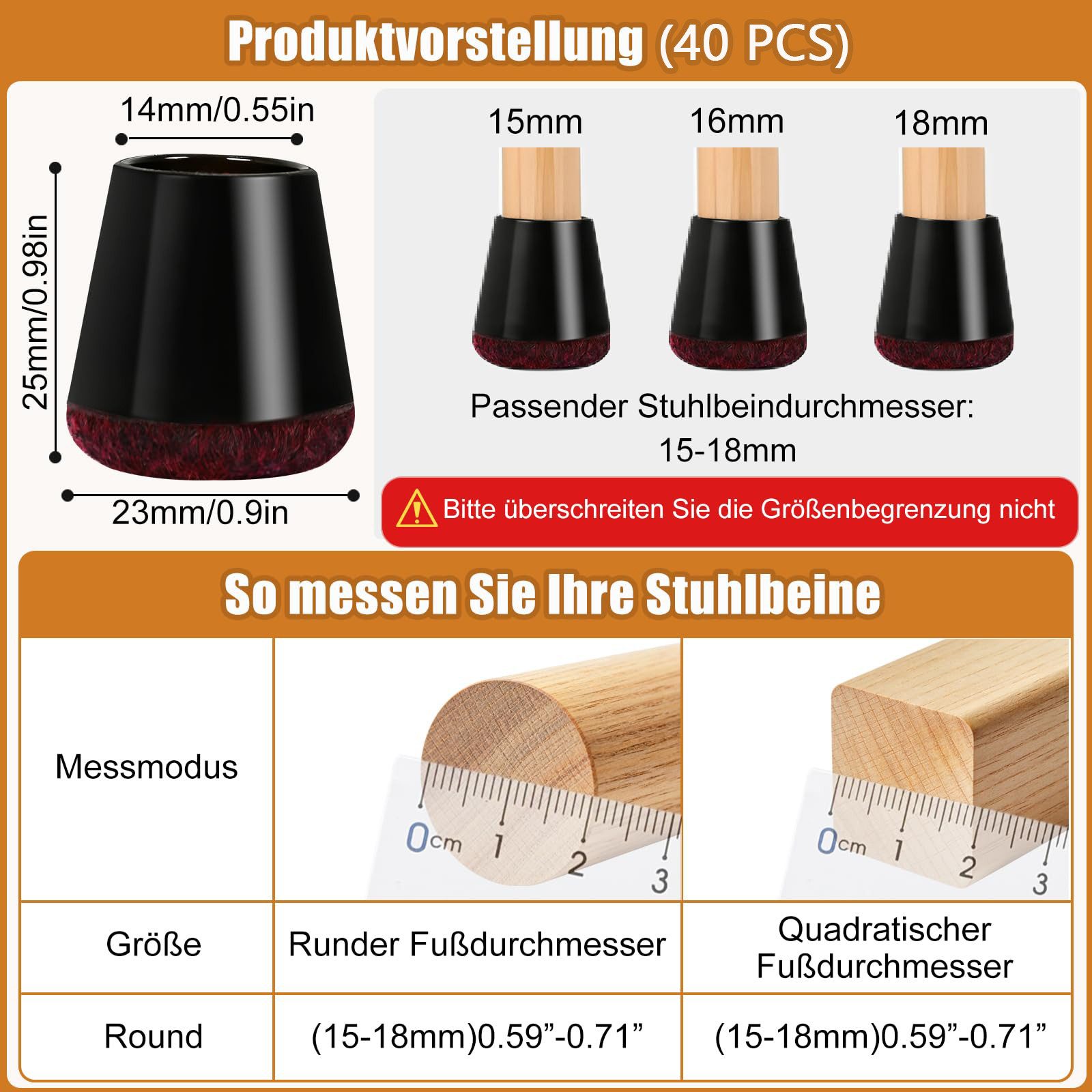 BlingBin Filzgleiter 40 Stück Stuhlbeinkappen mit Filz, Silikon-Bodenschoner für Stühle, (1er Set, 40 St), Stuhlbeinschoner für Stühle, Bodenschutz für Parkett und Fliesen